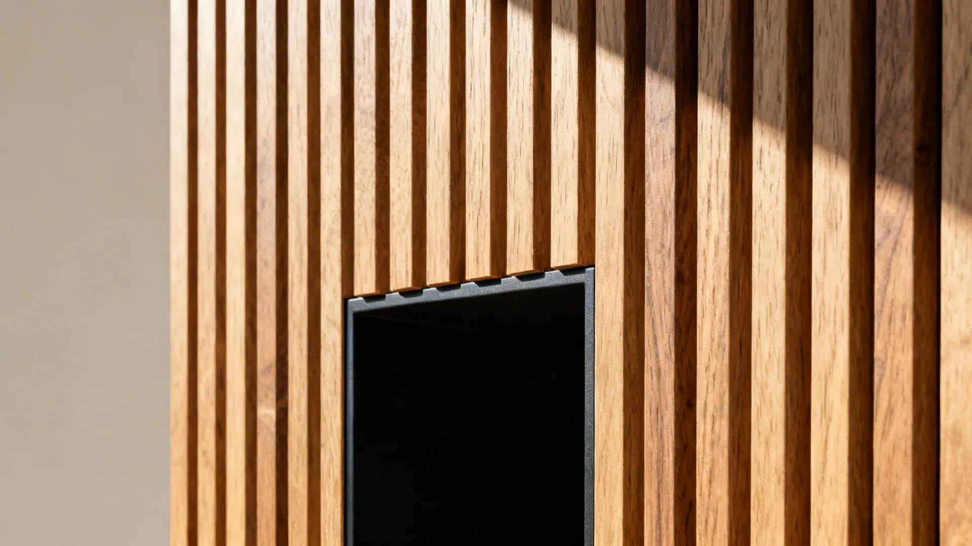 Close-up of oak slats with precise spacing and matte black niche edge under soft daylight.