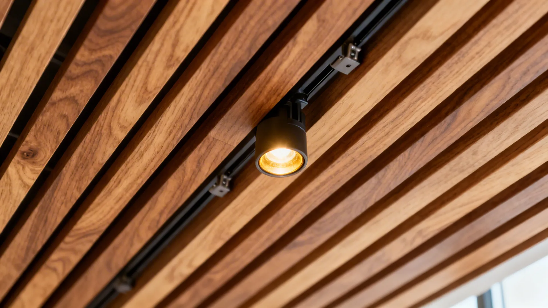 Macro of ash veneer slat with sealed finish and integrated adjustable track spot.