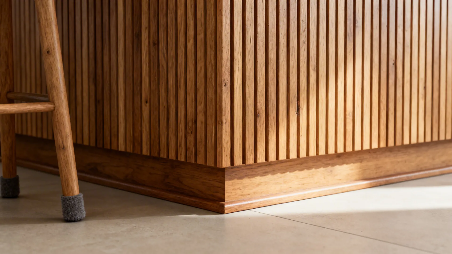 Close-up of rift-sawn oak slat cladding with a matte protective finish on an island riser.