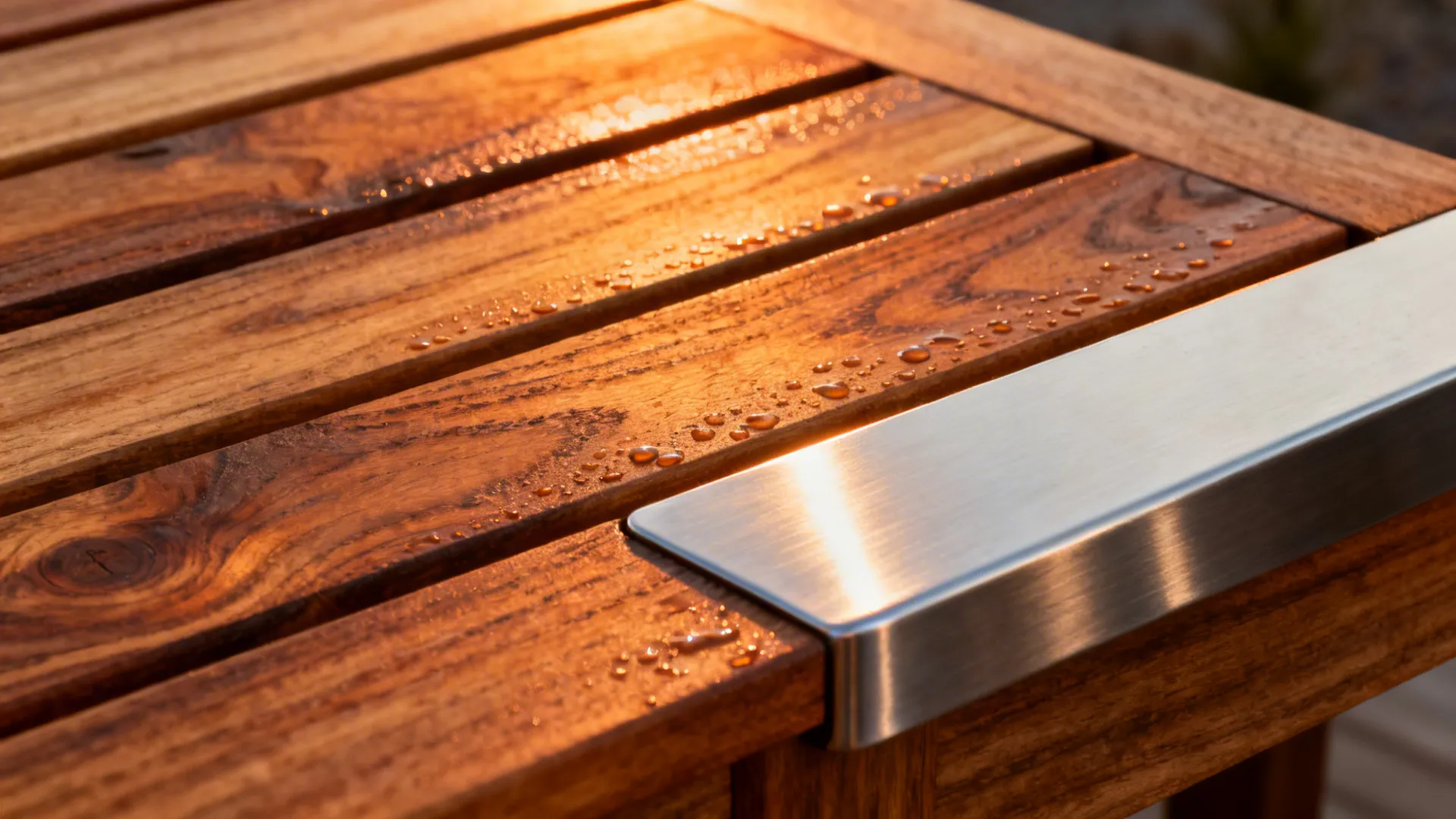 Macro of thermally modified ash slat with warm grain beside a stainless splash plate