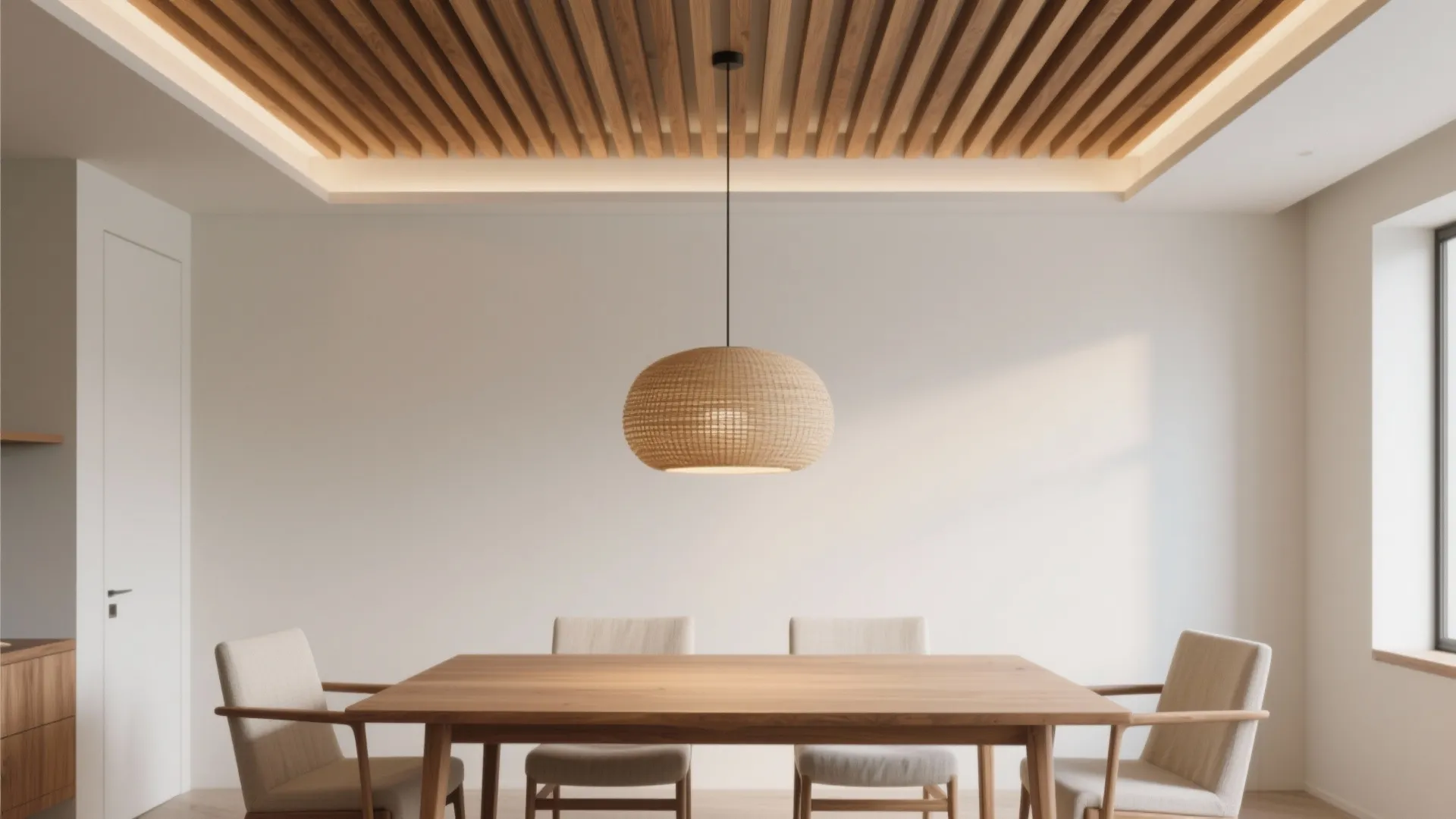 POP ceiling with an oak wood slat stripe above the dining table, adding warm texture and softening acoustics.