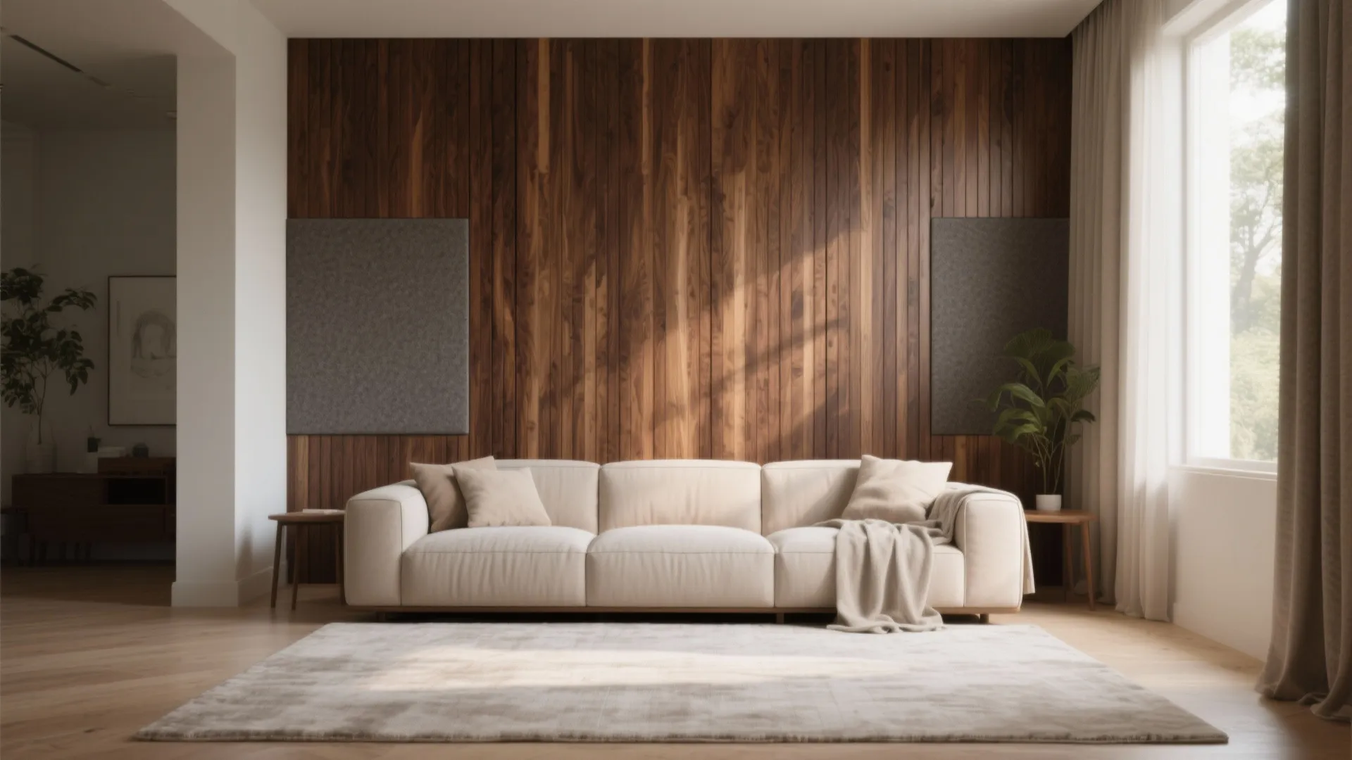 Cream sofa in front of a vertical wood wall panel with natural light from window