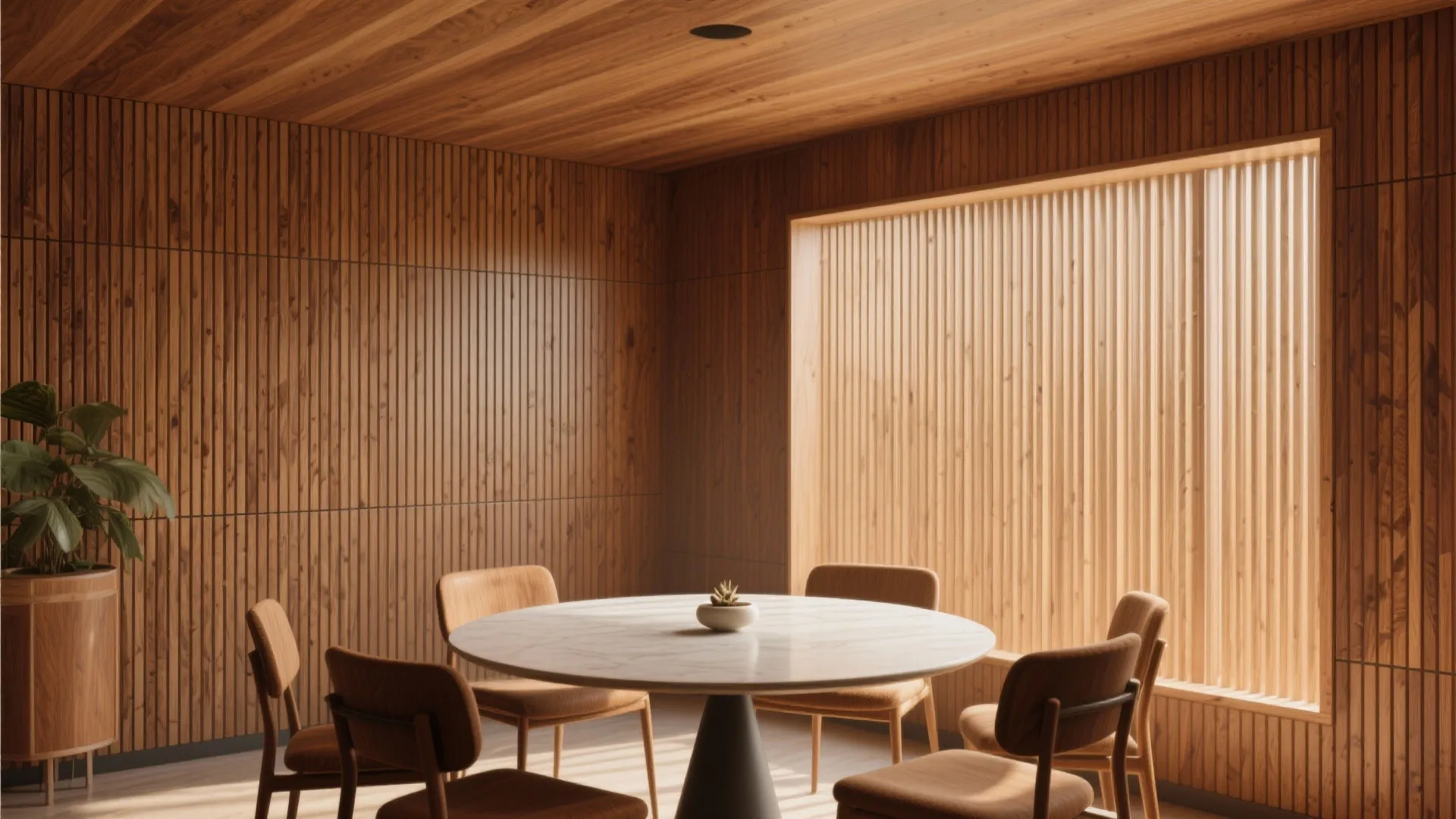 Modern dining room with round marble table, brown chairs, wood wall panel, and natural light