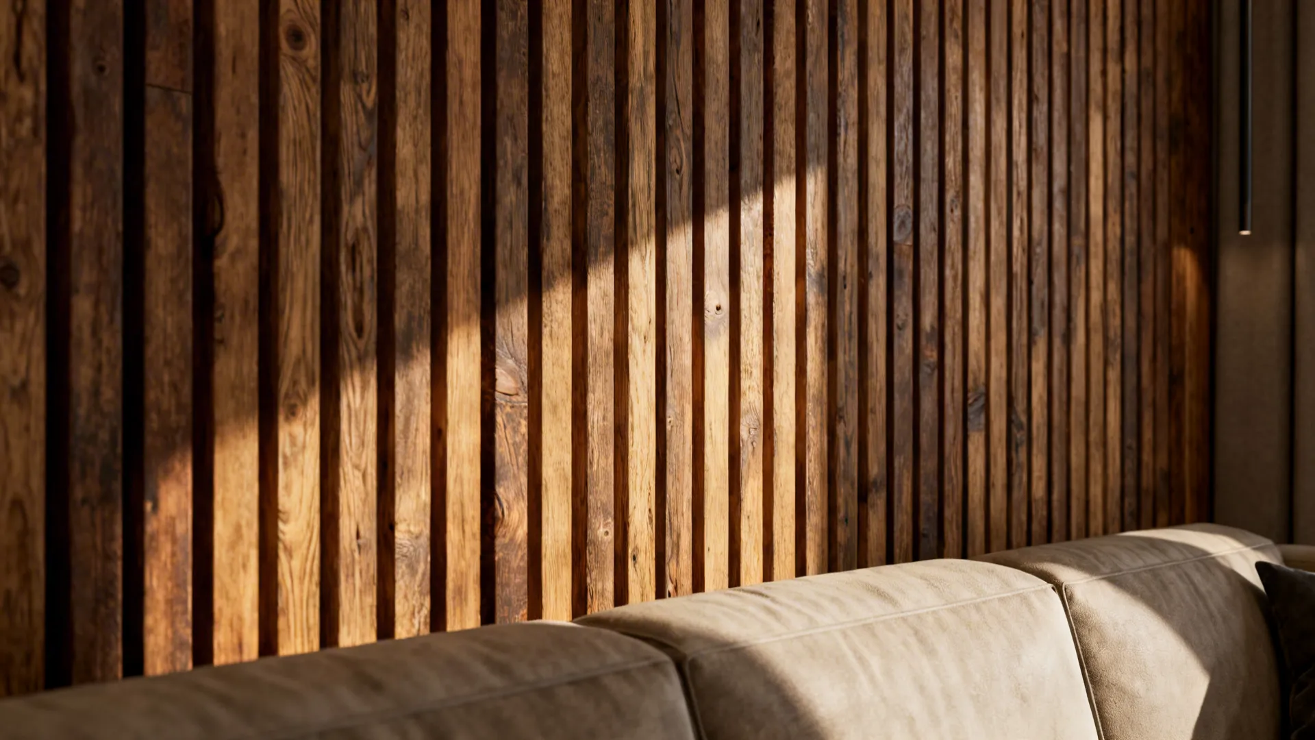 Close-up of floor-to-ceiling reclaimed oak slat panels behind a sofa showing texture and depth.