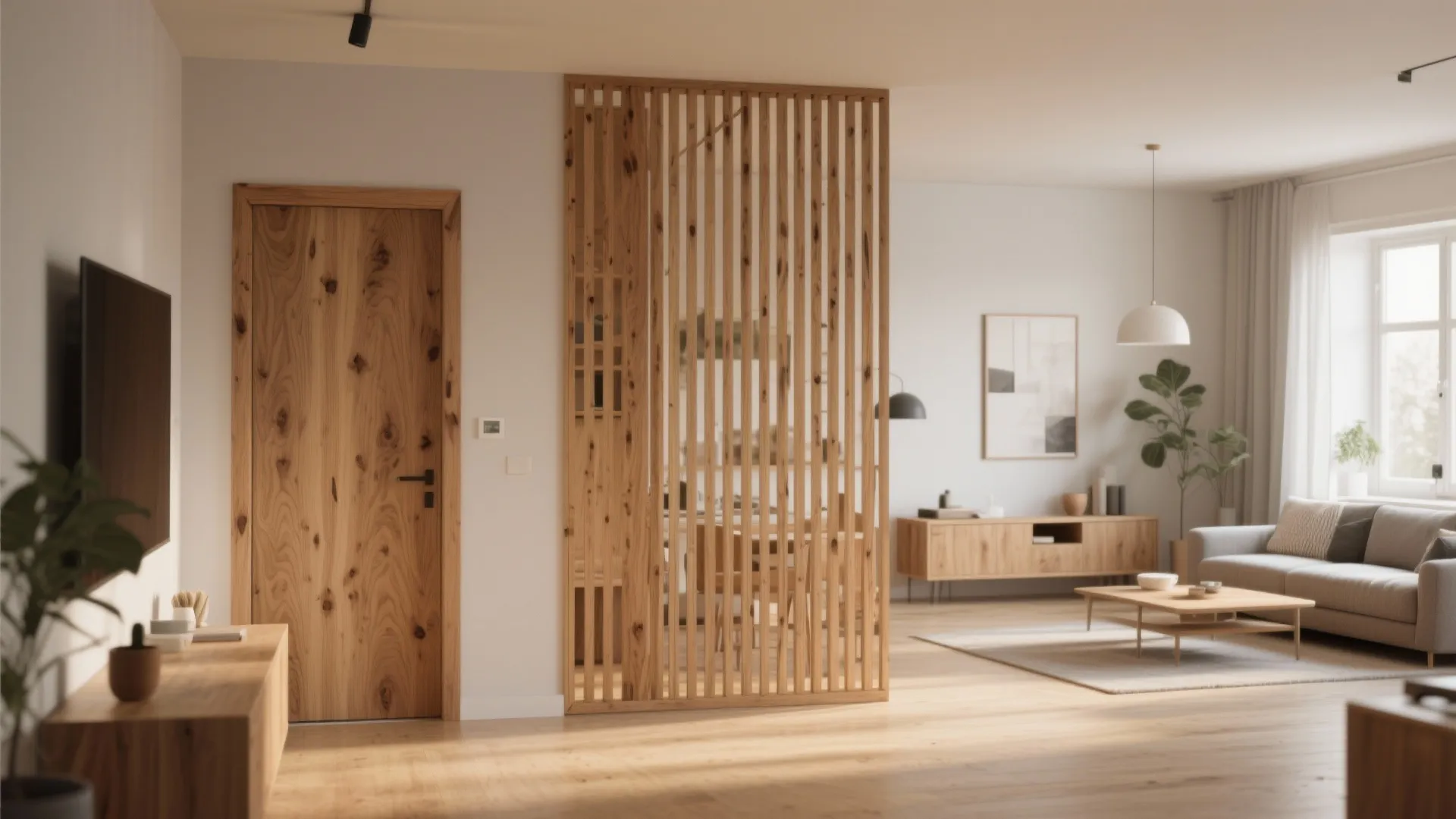 Vertical wood slat partition divider in a bright living room with wooden door and sofa