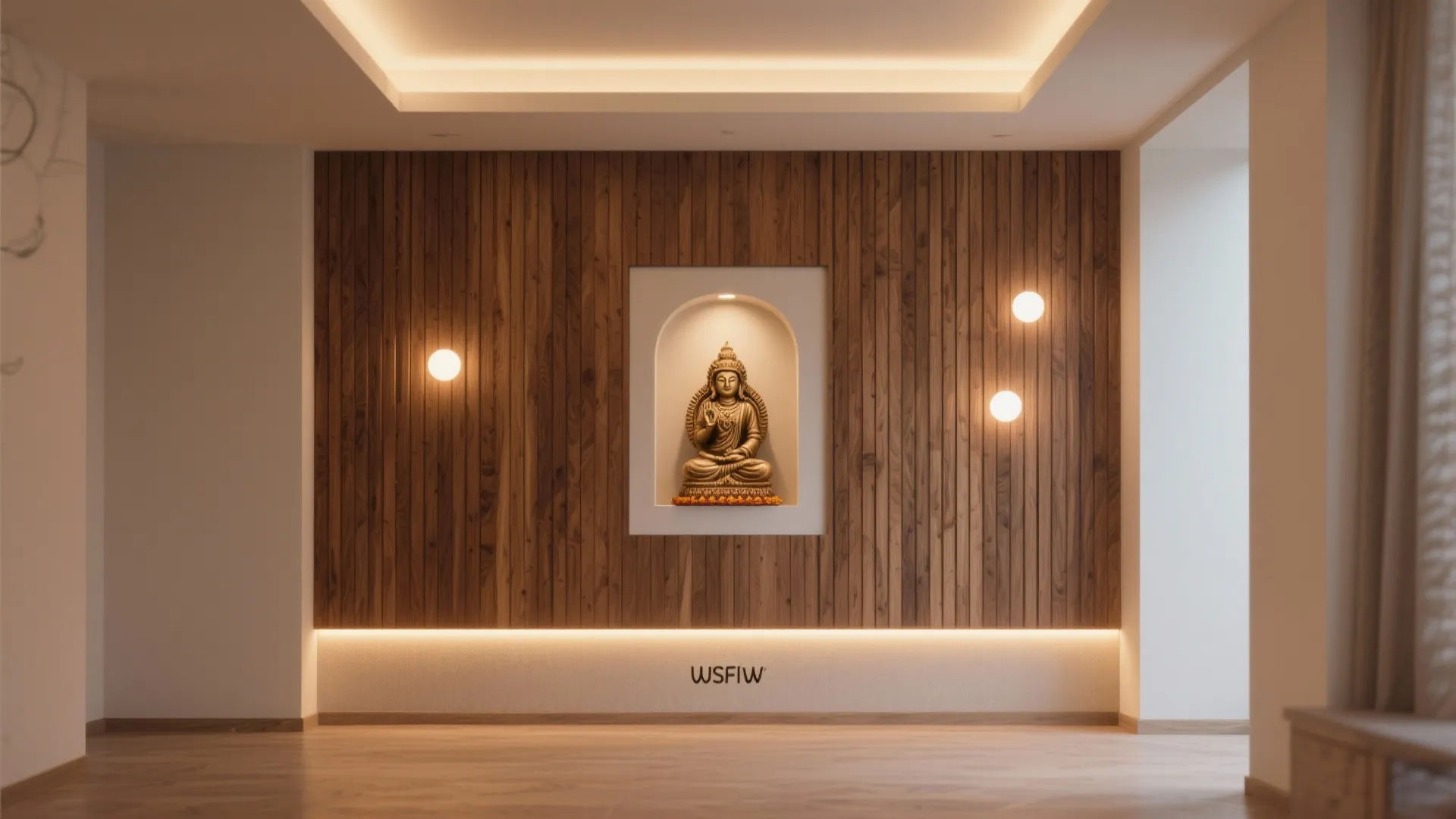 Warm wood slats with niche lighting for a modern sacred wall