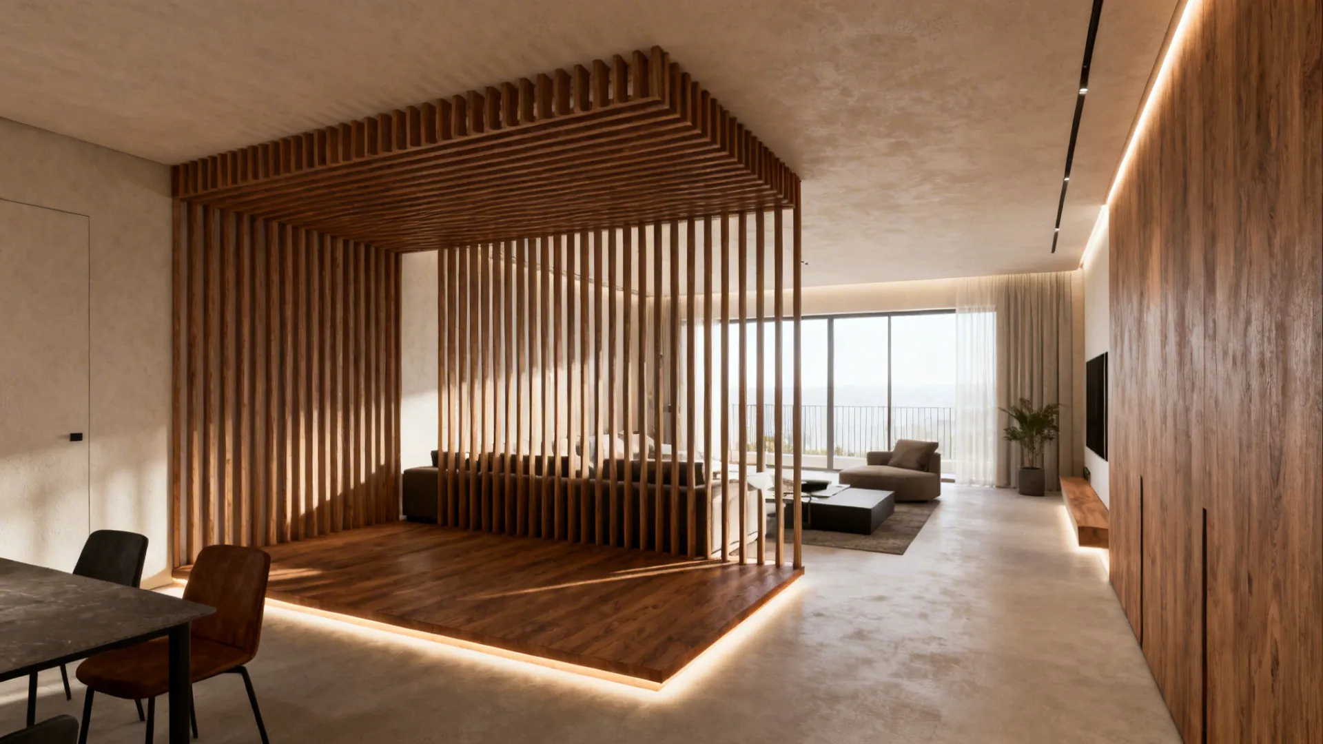 Open-plan living area with POP ceiling integrated with wooden slats above seating