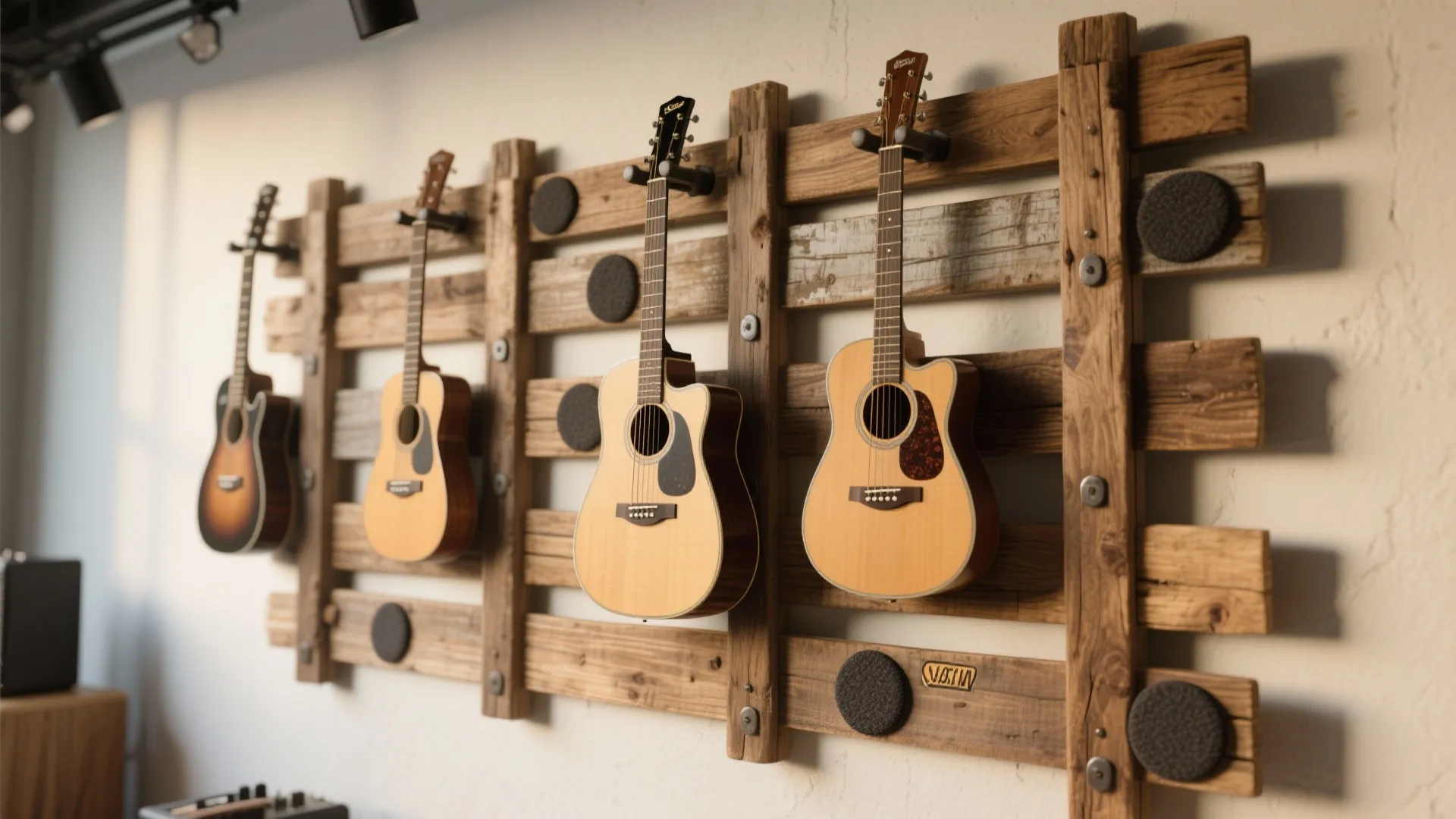 Acoustic and electric guitars hanging on a rustic wooden wall rack made of reclaimed wood