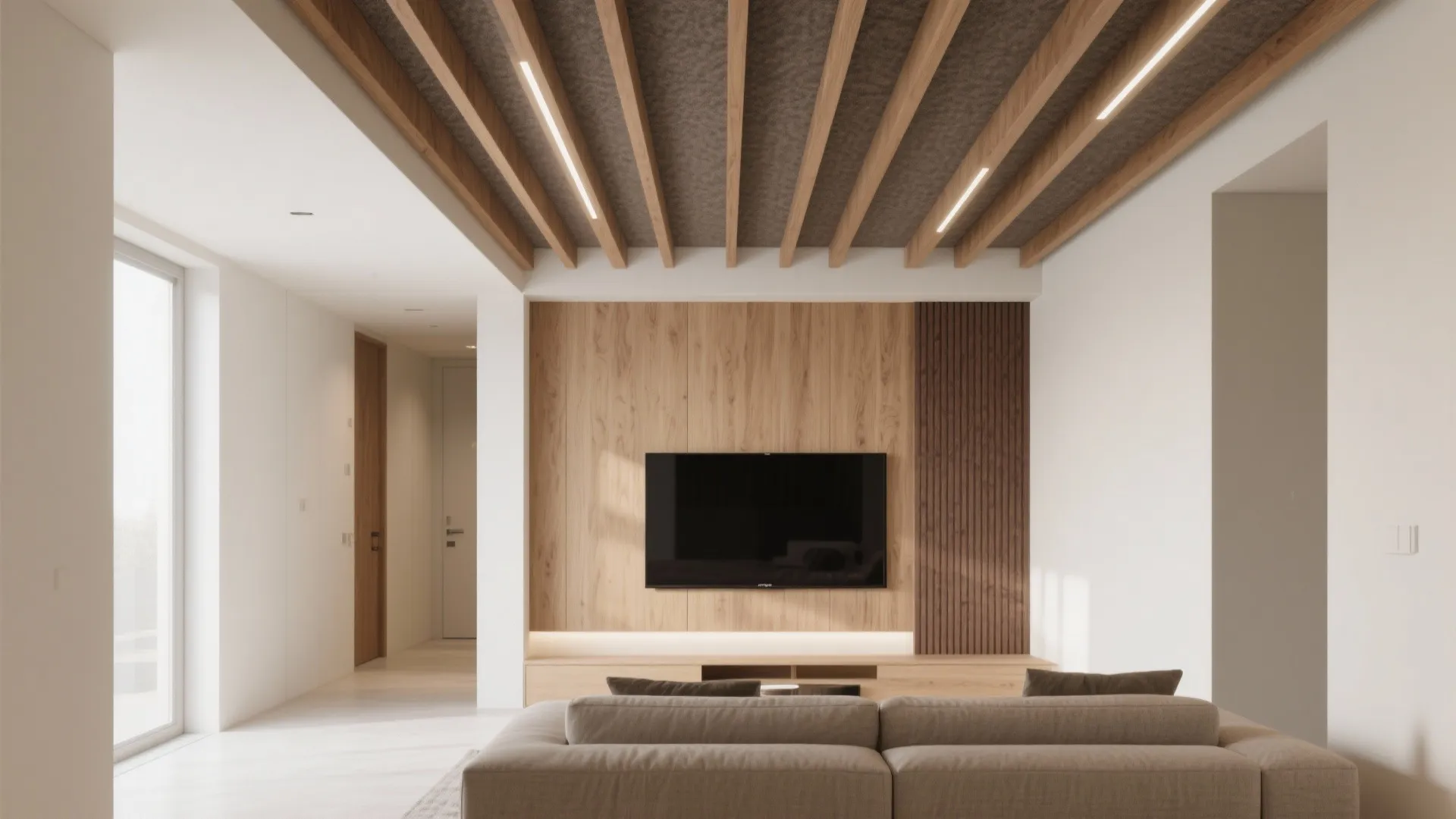 Hall with a slim wood slat raft over the sofa, acoustic felt backing, and integrated linear downlight.
