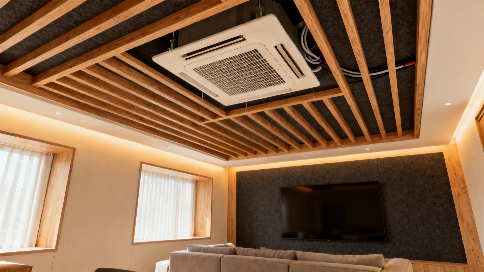 Wood slat raft ceiling with acoustic felt backing framing a cassette AC in a cozy living room.