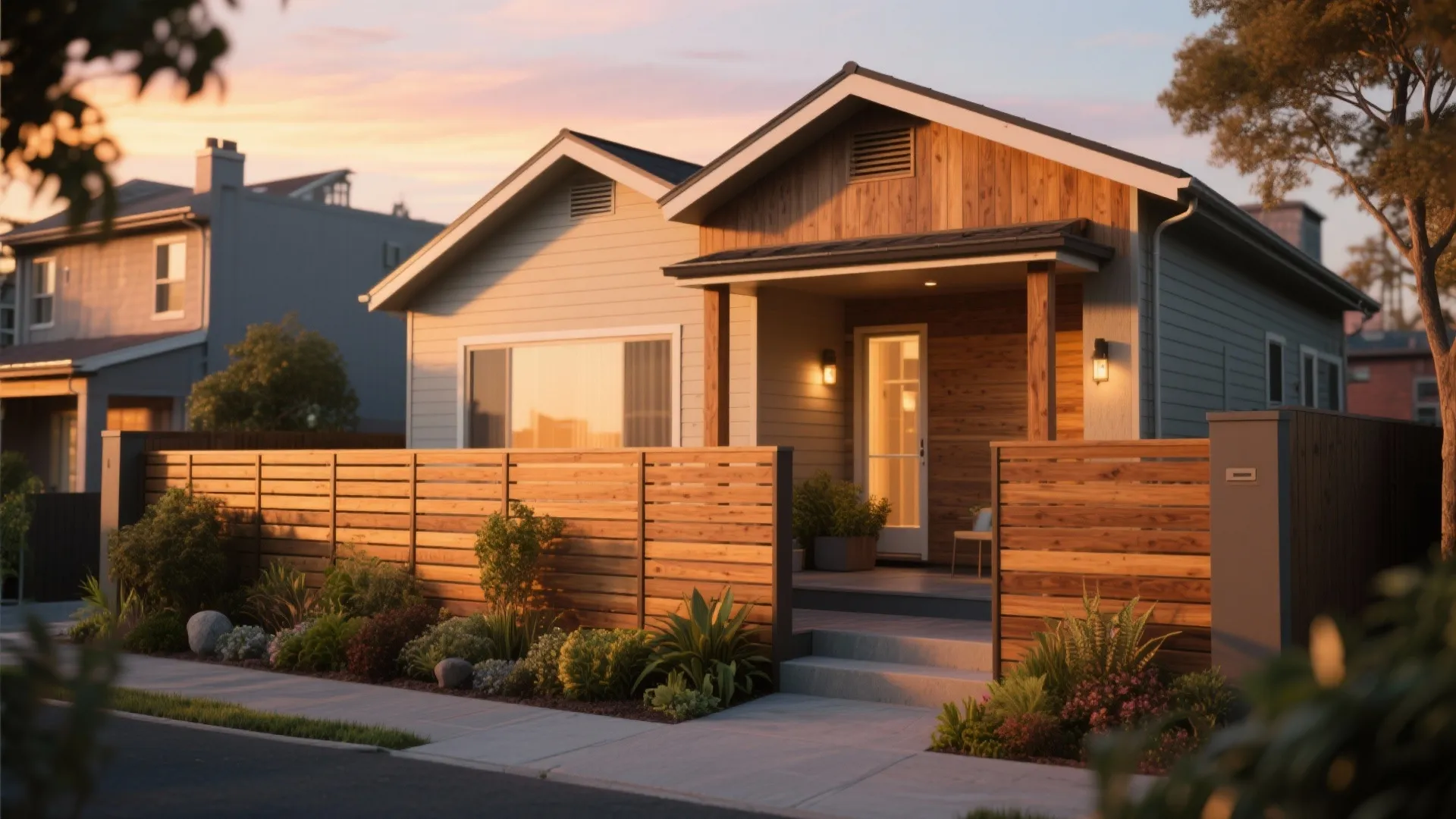 Horizontal wood slat railing in front of a modern house with warm sunset lighting and garden