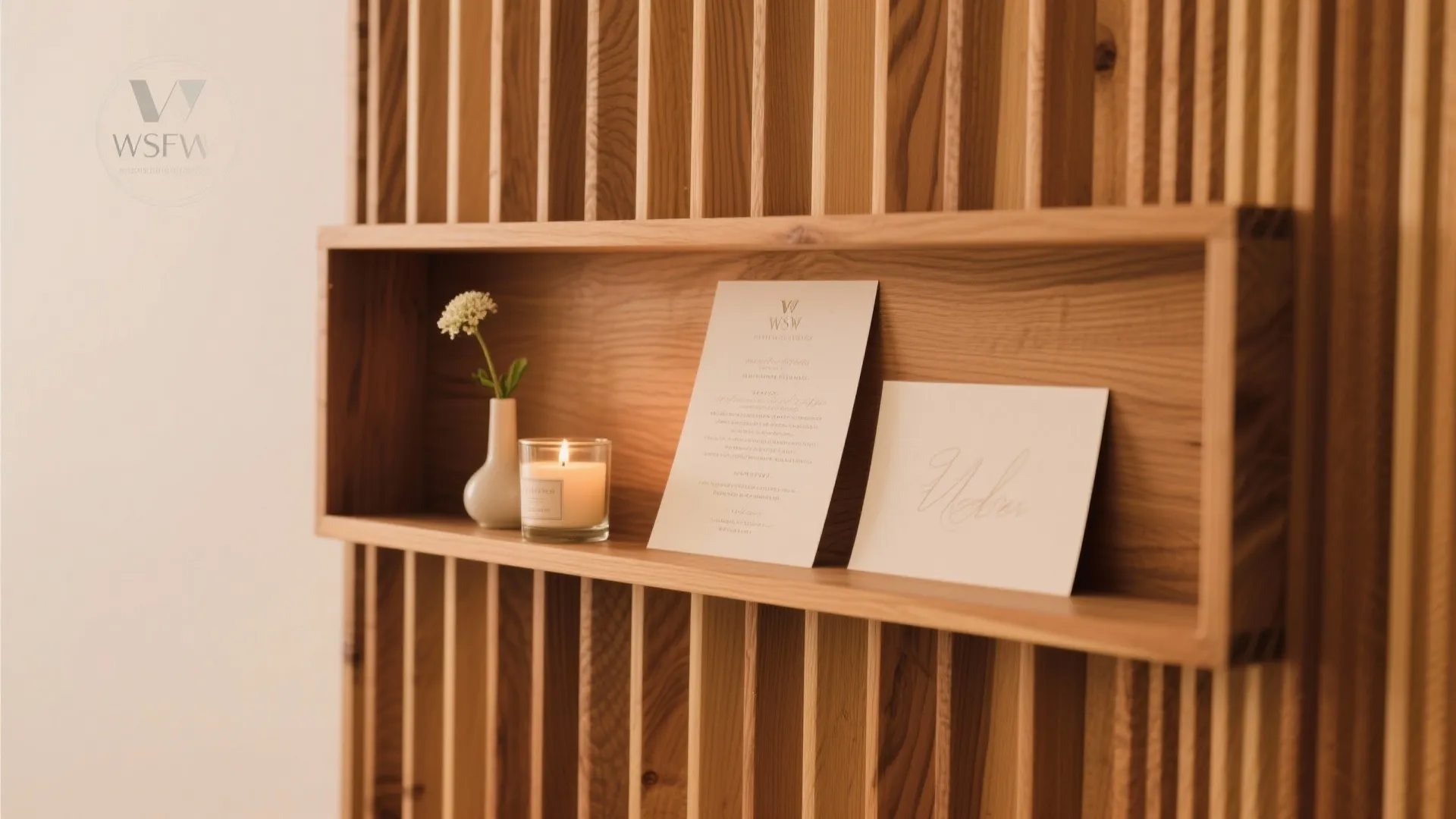 Warm Wood Slat Feature Wall with Hidden Shelves