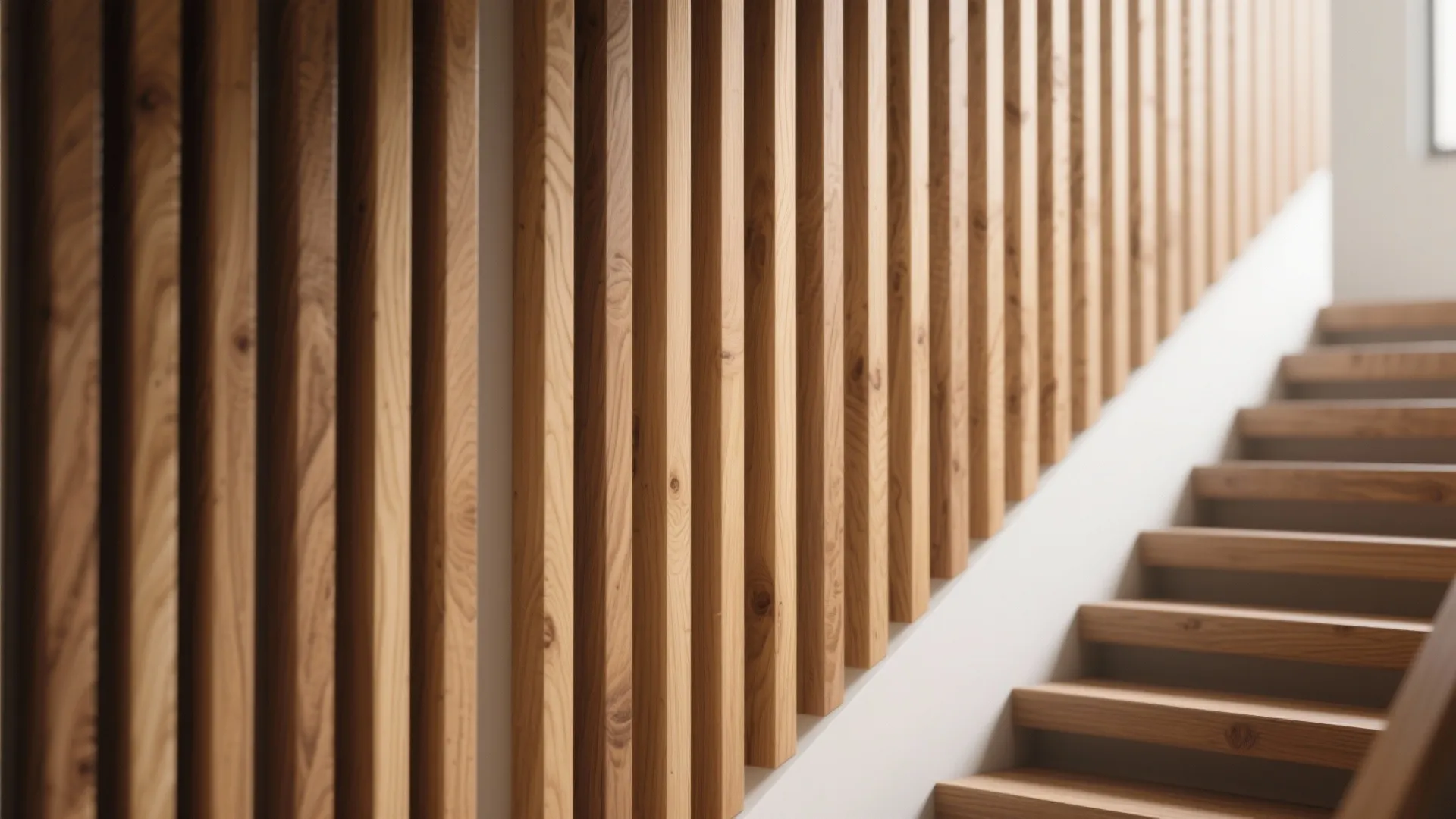 Close up view of vertical wood wall panels next to a modern wooden staircase design