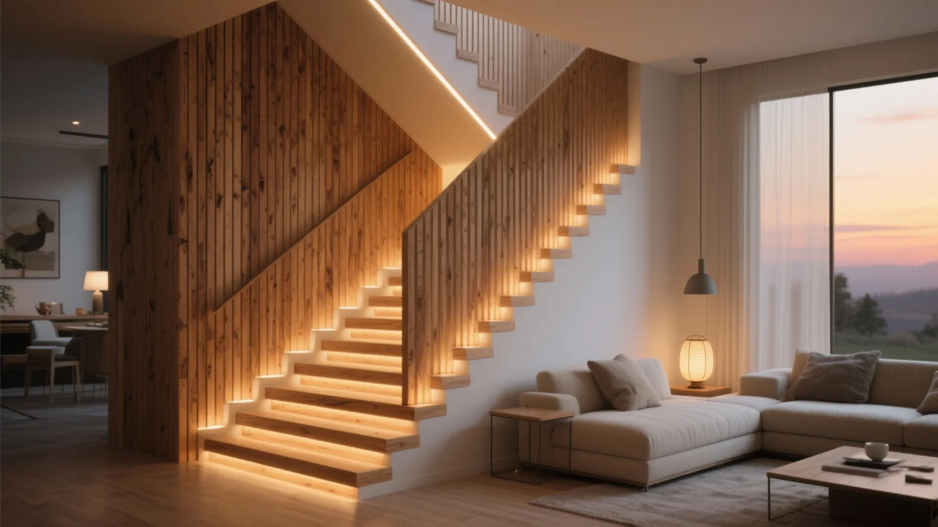 Stair as feature wall: wood slats and warm lighting