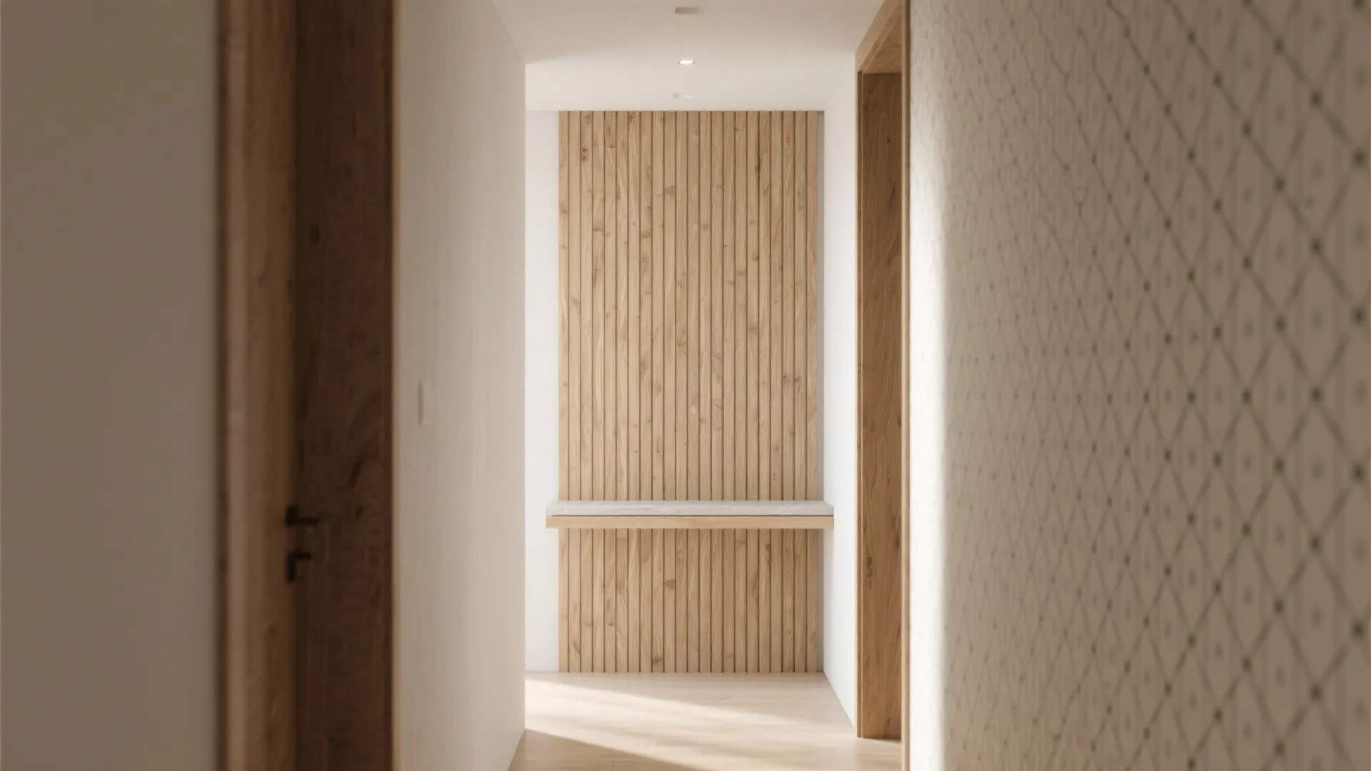 Modern hallway design featuring a vertical wood panel wall with a small floating marble shelf