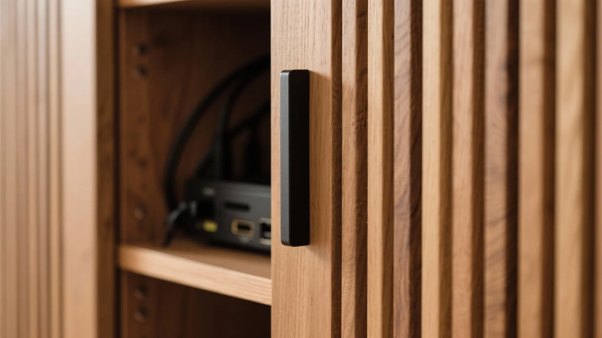 Close up of a light wood storage cabinet with vertical slats and black metal handle