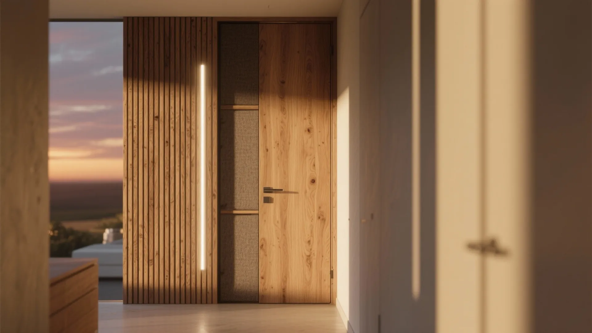 Wood slat wall with acoustic warmth and concealed storage