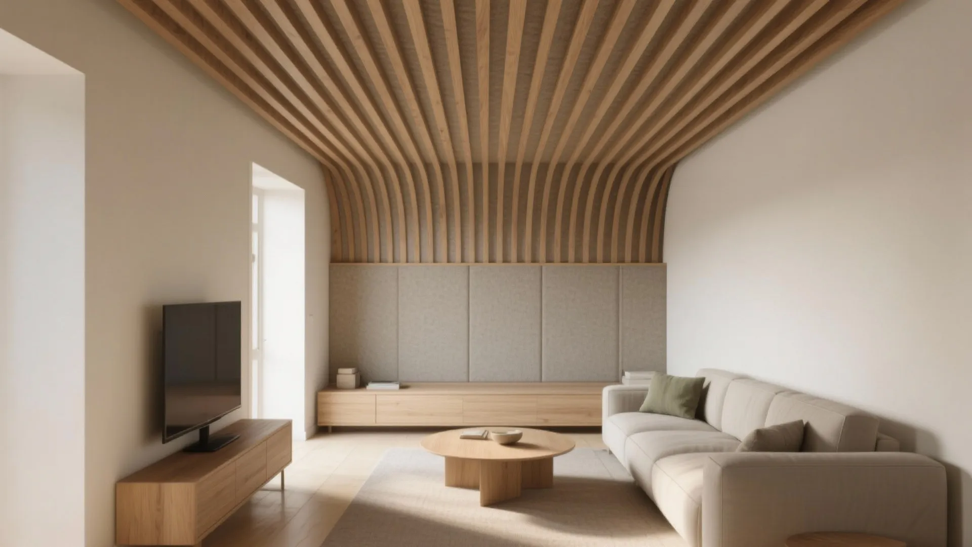 Modern living room with curved wood ceiling panels cream sofa wooden cabinet and round coffee table