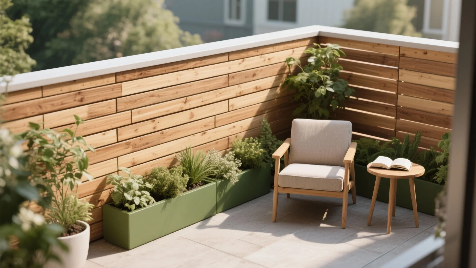 Cozy balcony with wooden wall panel, green planters, single armchair, and small wooden side table