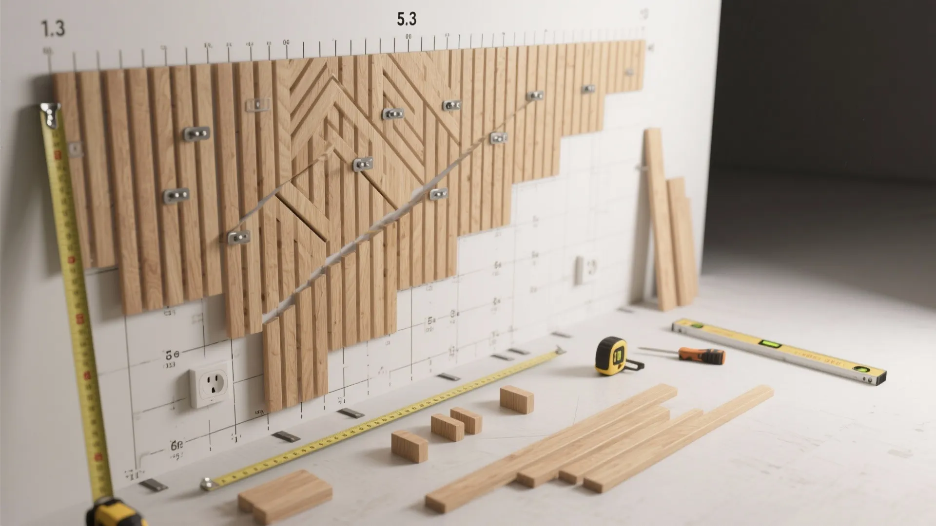 Wood wall panel installation with tape measure level and small wooden blocks on a white