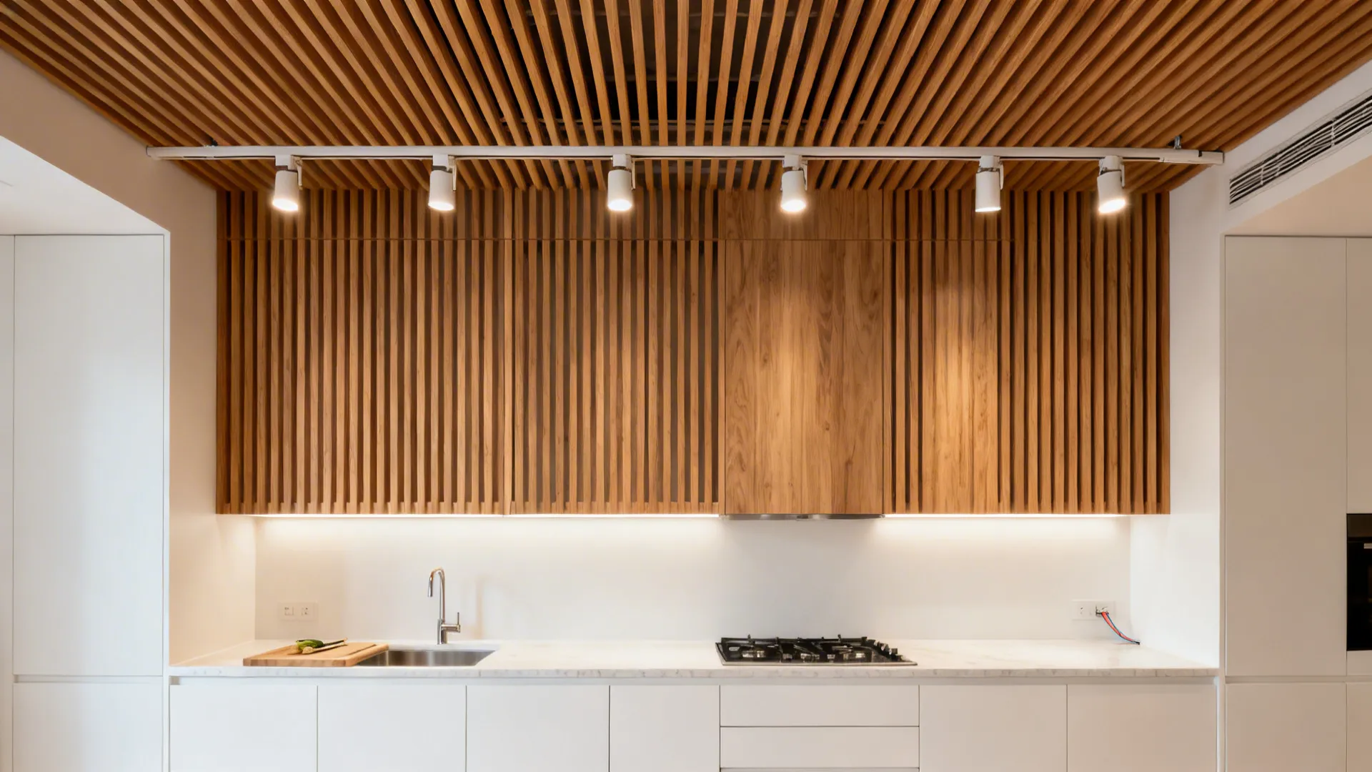 Wooden slat ceiling with integrated track spots illuminating kitchen work zones.