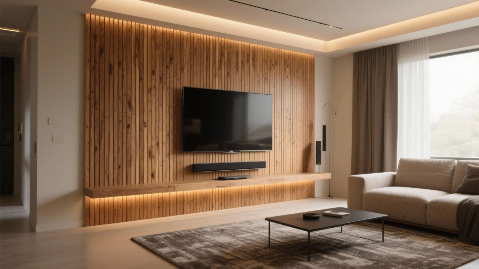 Slatted Wood Panels for Warmth and Calm Acoustics