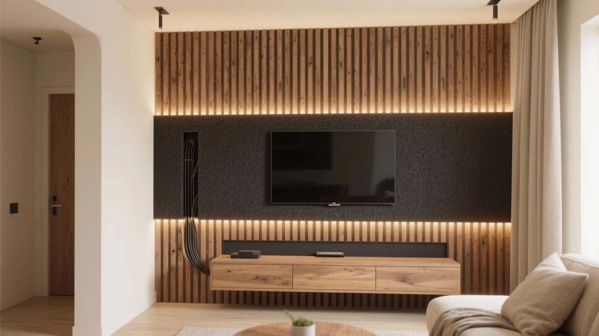 Warm wood slats with integrated lighting