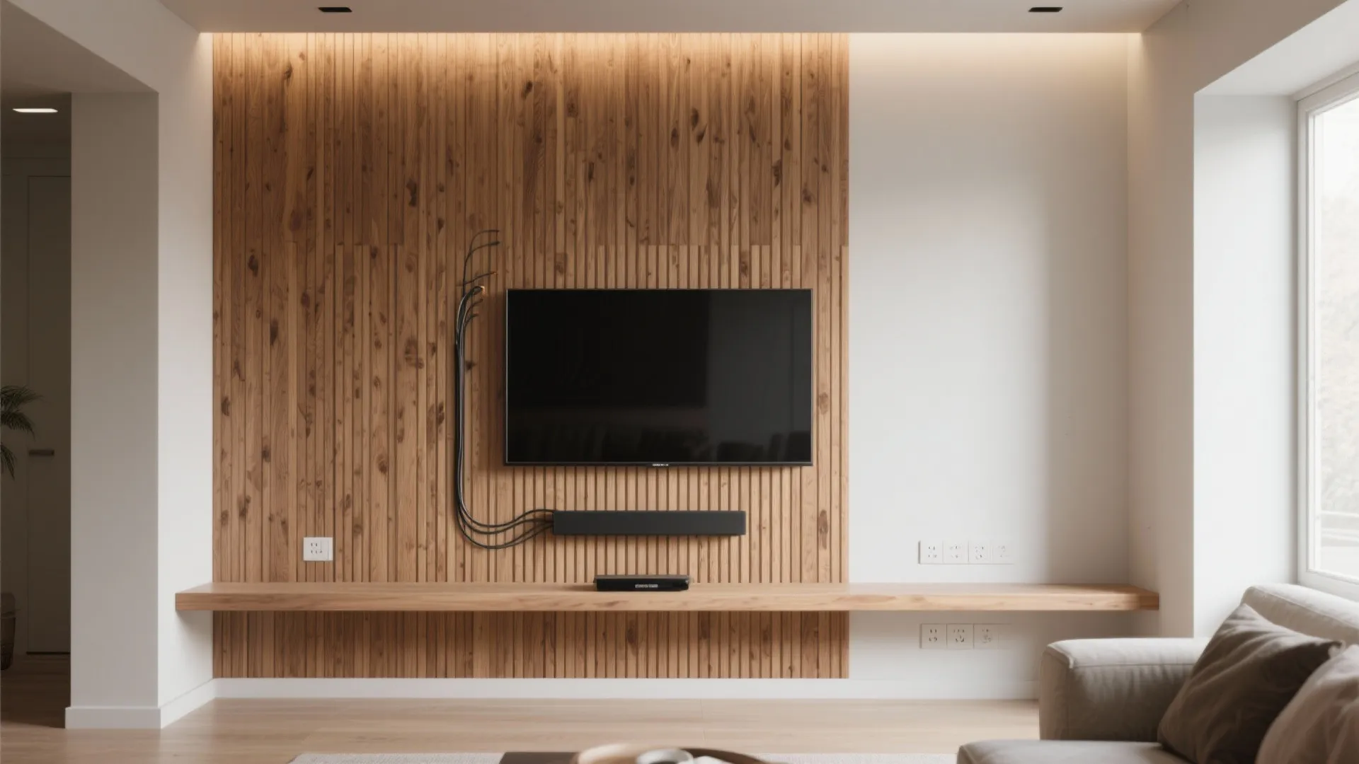 Modern living room with television mounted on a wood panel wall above a long wooden shelf