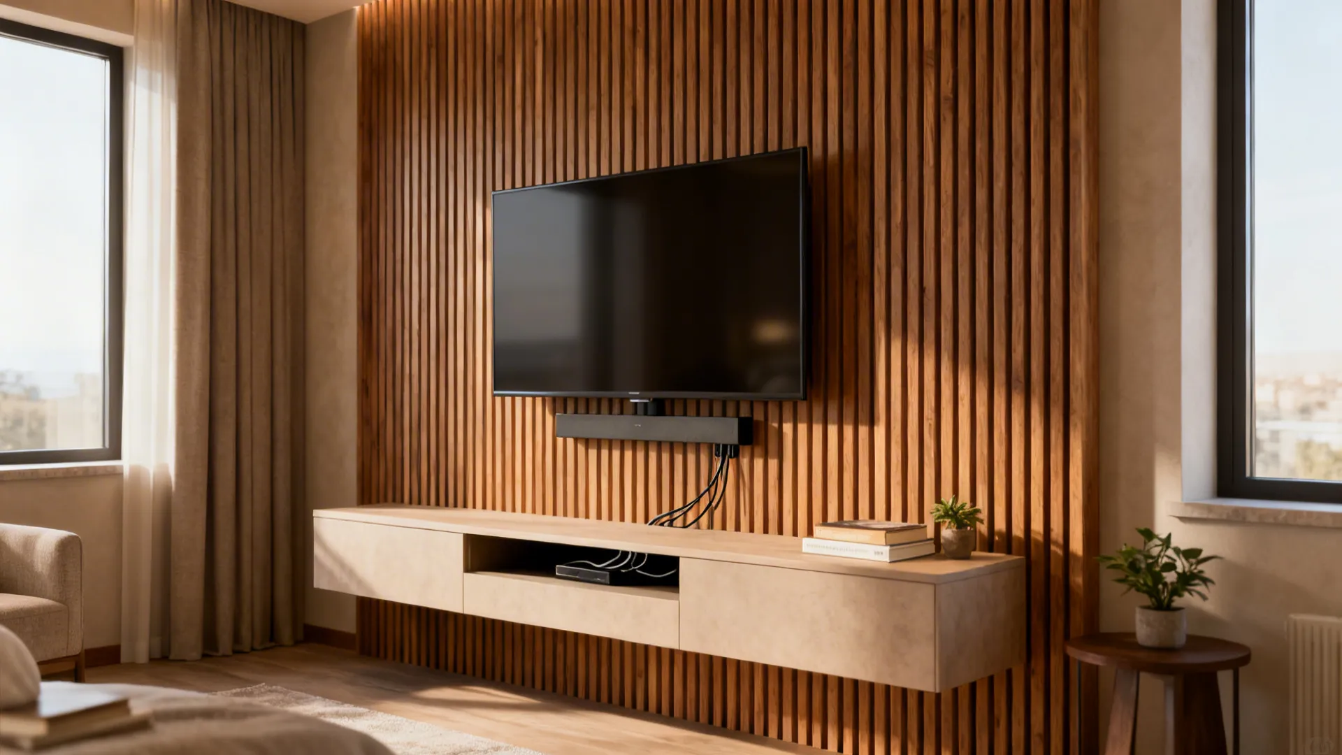 Vertical oak slat TV wall with a floating console and hidden cables in a warm modern living room.