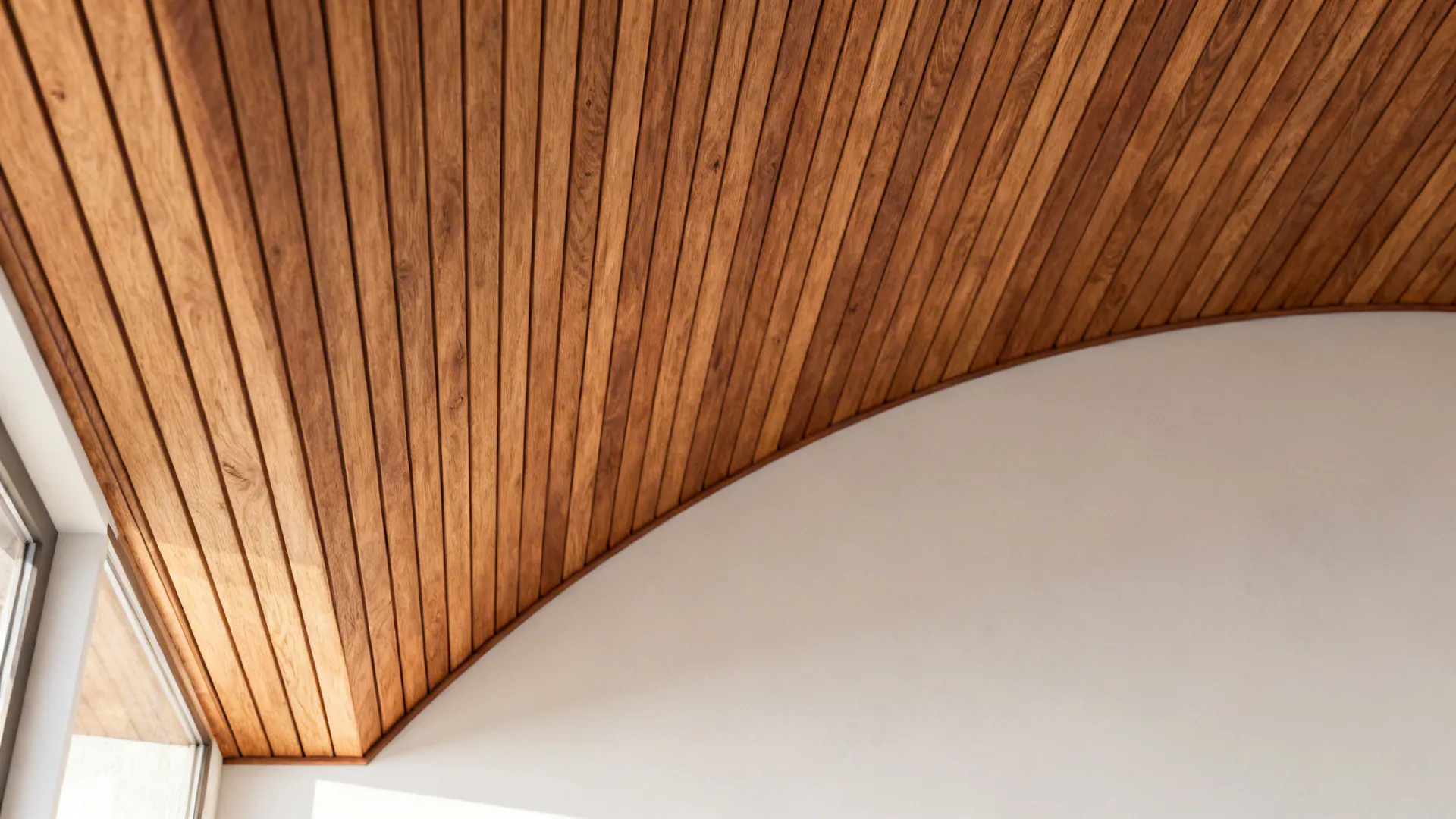 Half-vaulted ceiling clad in horizontal wood slats creating warmth and texture