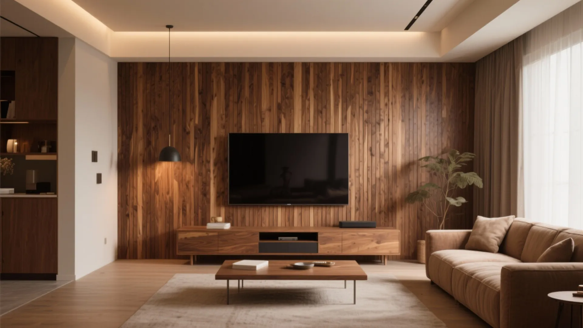 Cozy living room with dark wood wall panel behind television including sofa and coffee table