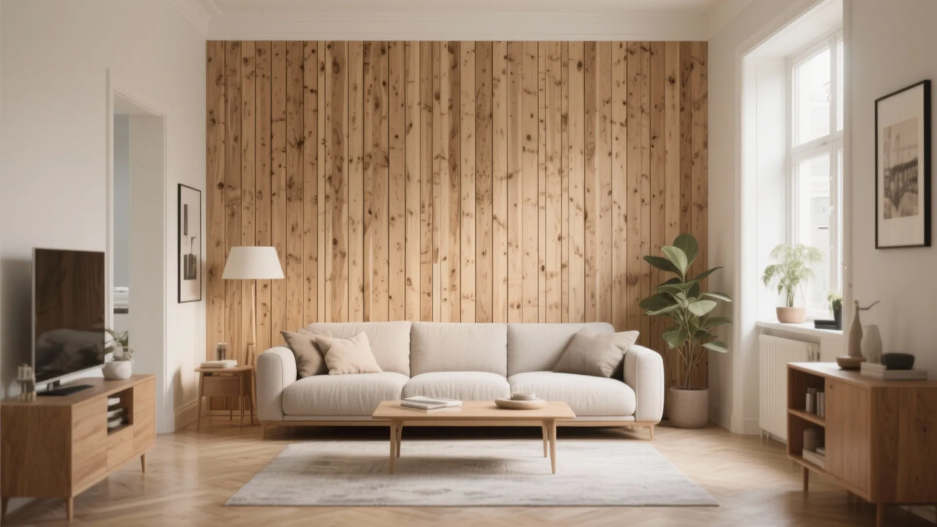 Modern living room with vertical wood wall panel behind a beige sofa and wooden table