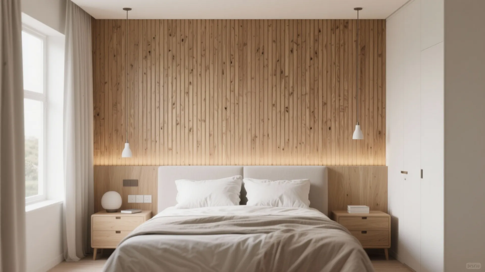 Minimalist bedroom with vertical wood wall panel, hanging ceiling lights, wooden nightstands, and white bedding