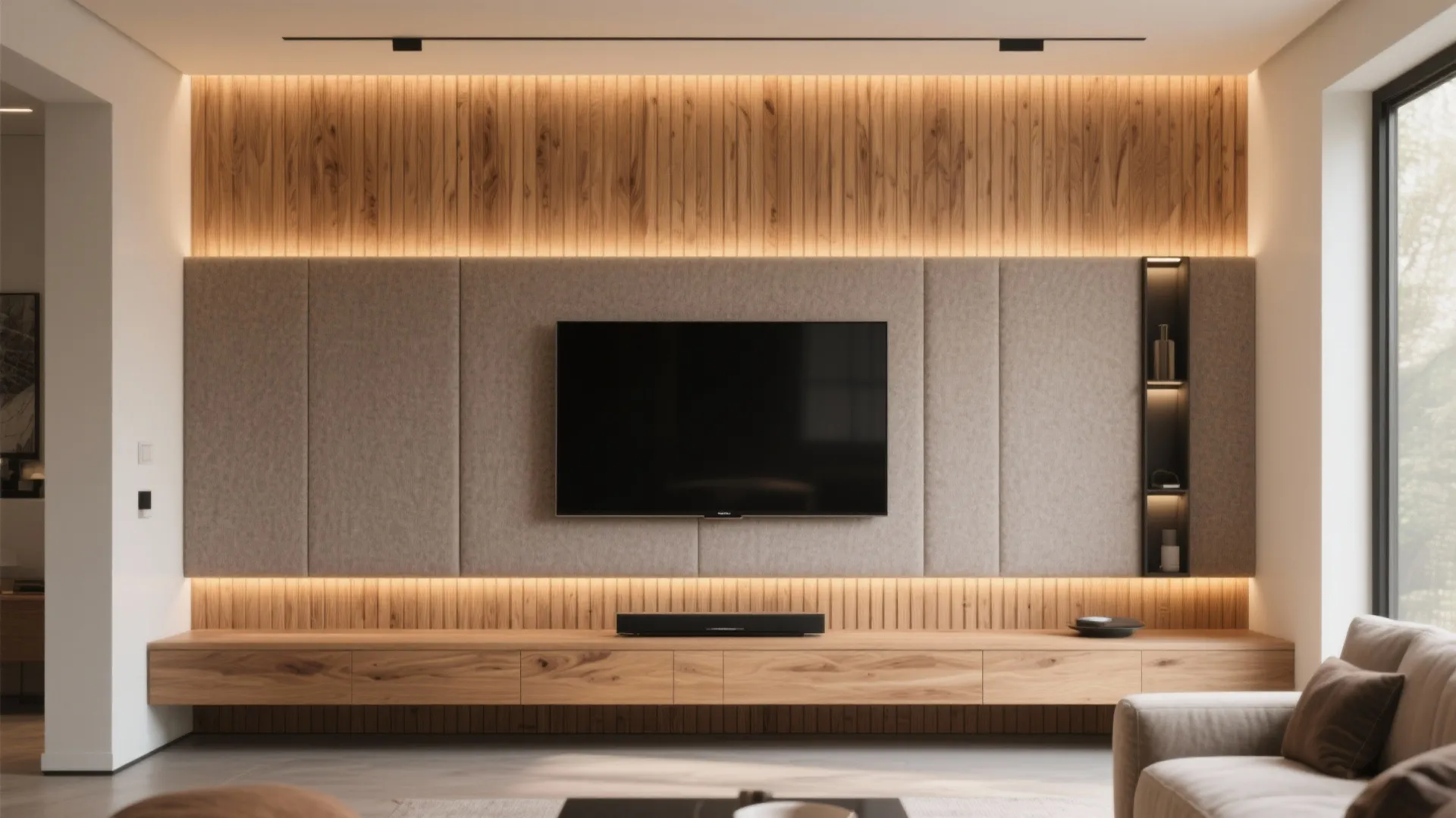 Wood Slat TV Wall for Warmth and Acoustics