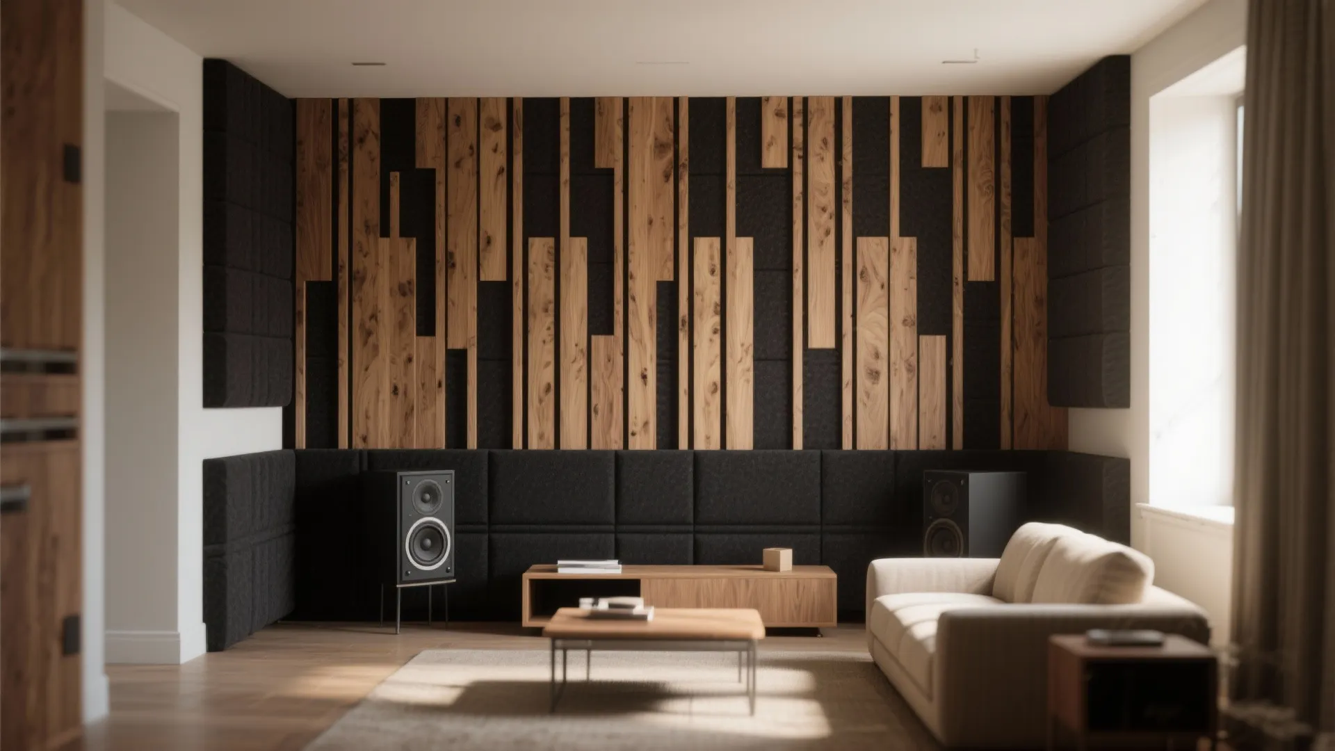 Modern living room featuring wood wall panel design with black acoustic tiles and large speakers
