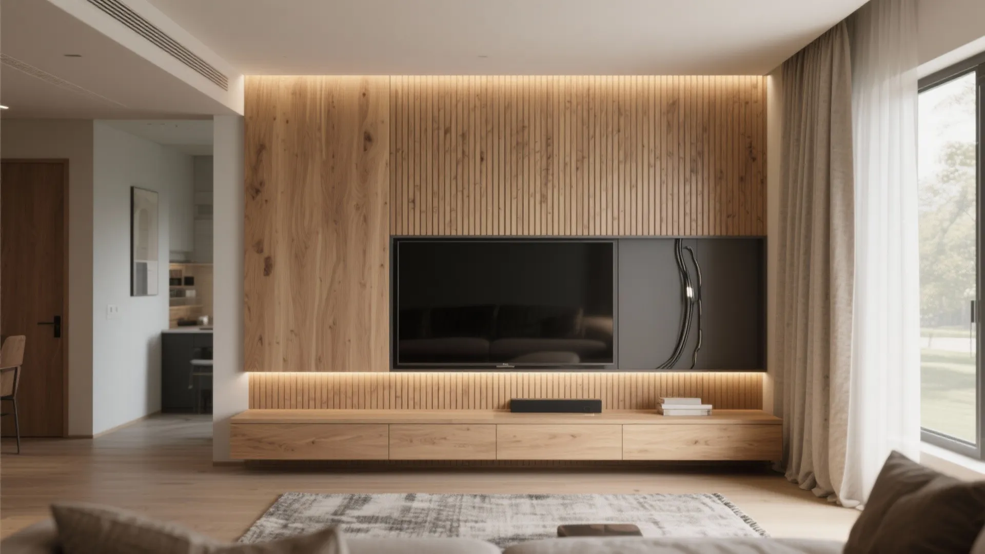 Modern living room featuring a television mounted on a wooden wall panel and low cabinet