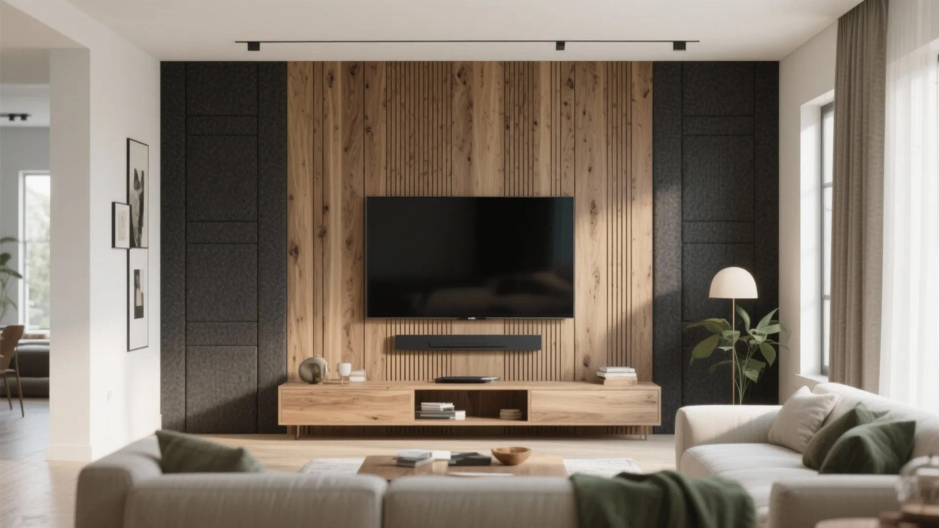 3) Warm Wood Slats and Acoustic Panels