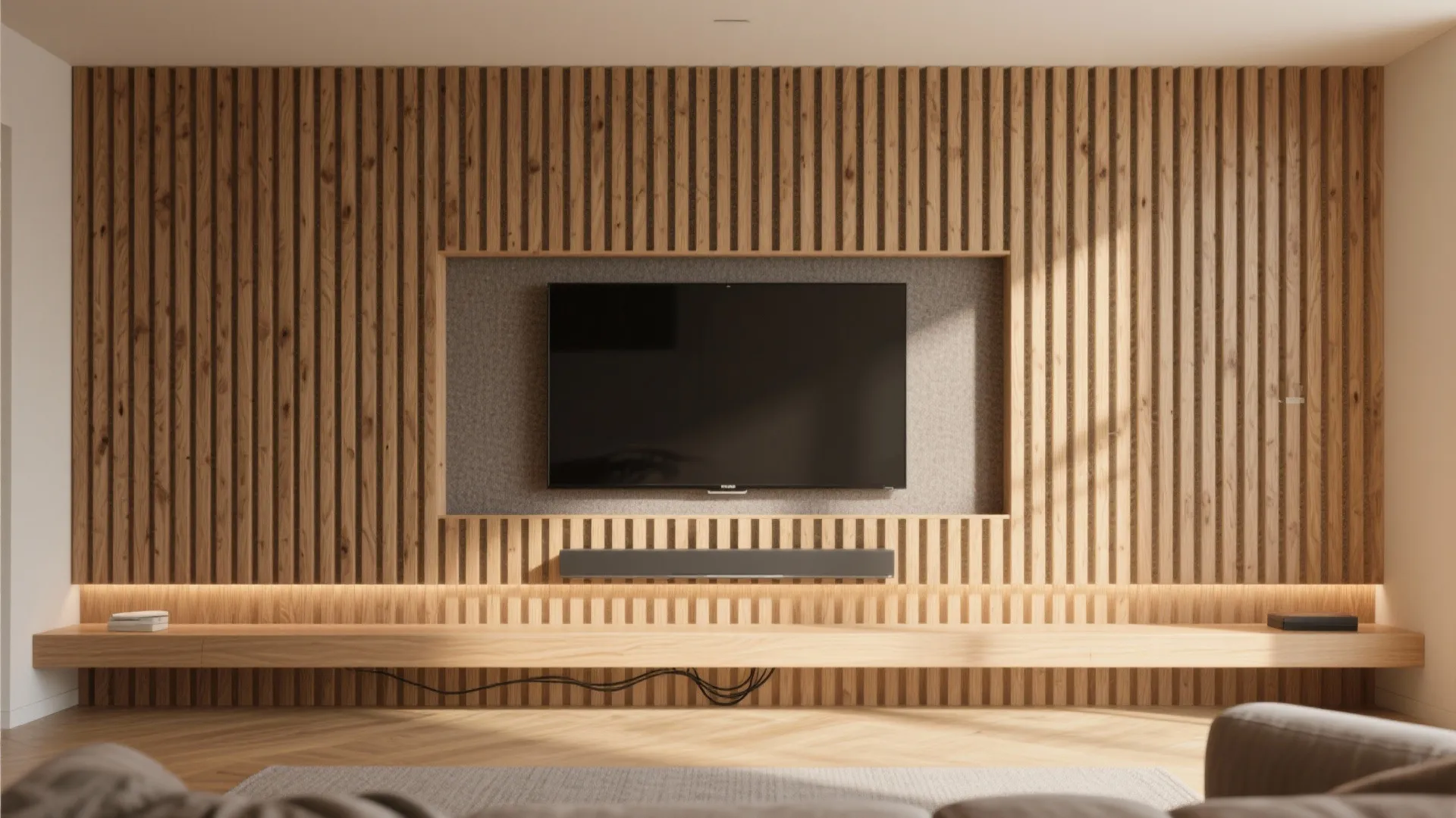 Interior design drawing showing a television mounted on a wood slat wall with a long shelf
