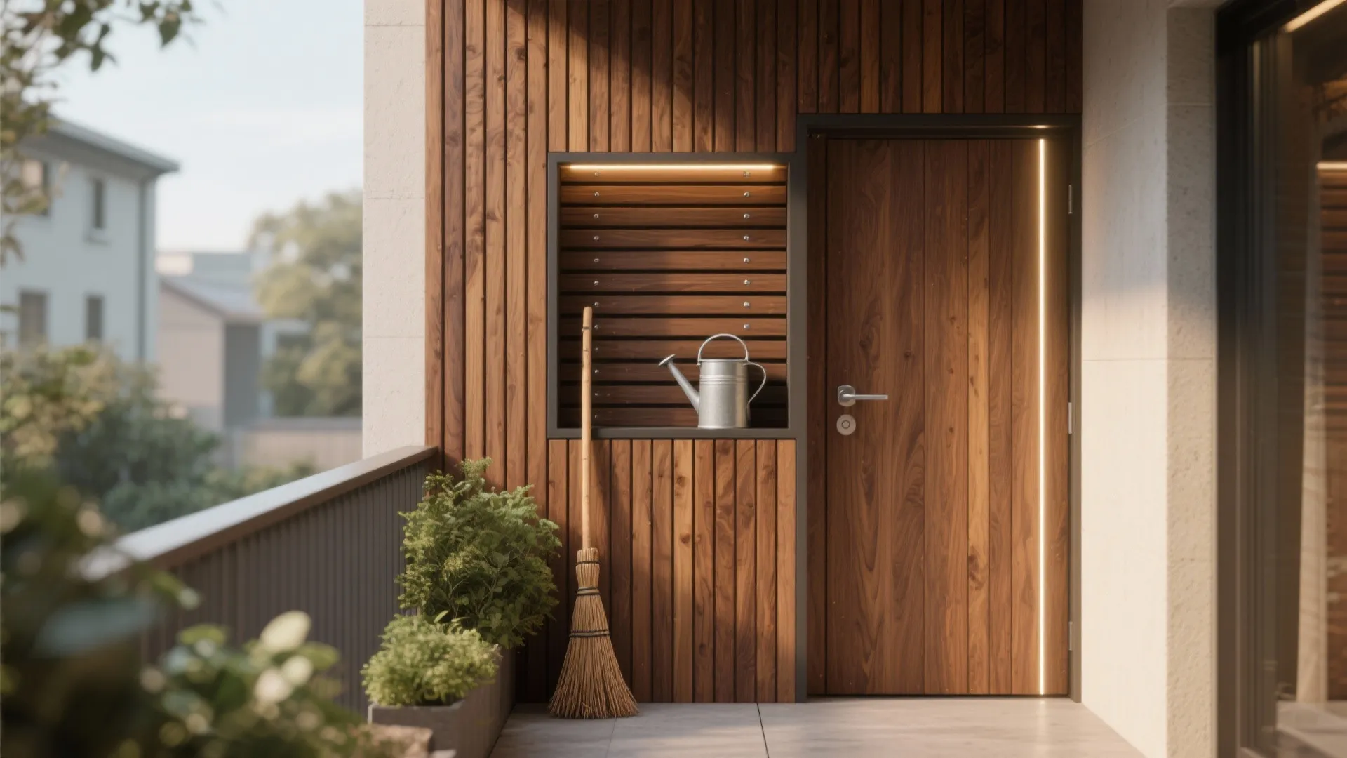 Warm wood slats and outdoor‑rated composites