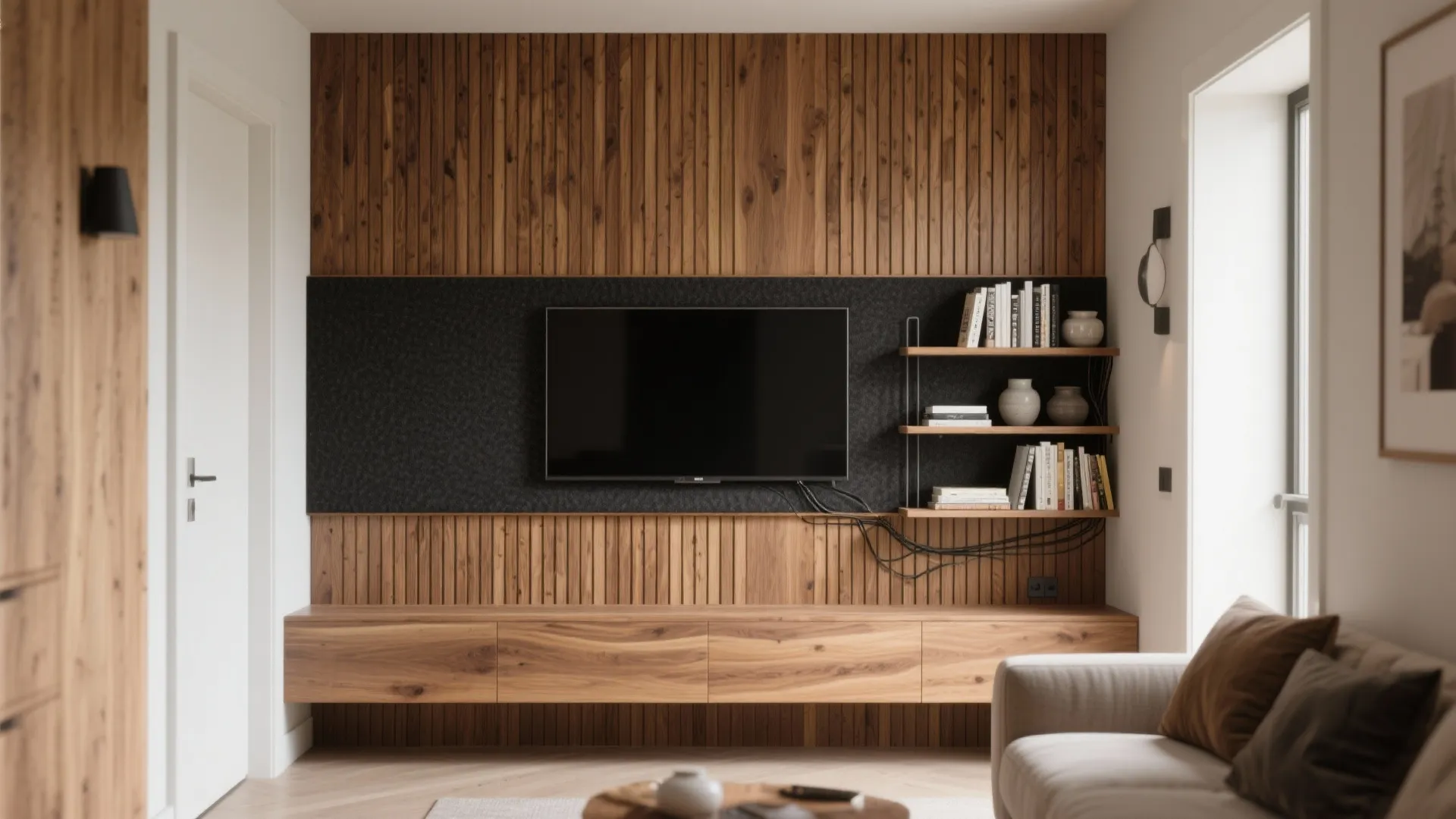 Warm Wood Slat Wall with Integrated Shelving