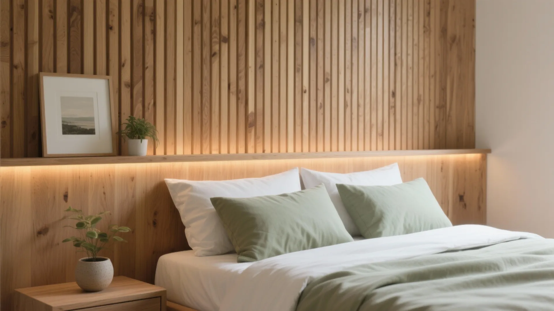 Biophilic Surfaces: Wood Slats, Moss Accents, and Art Shelves