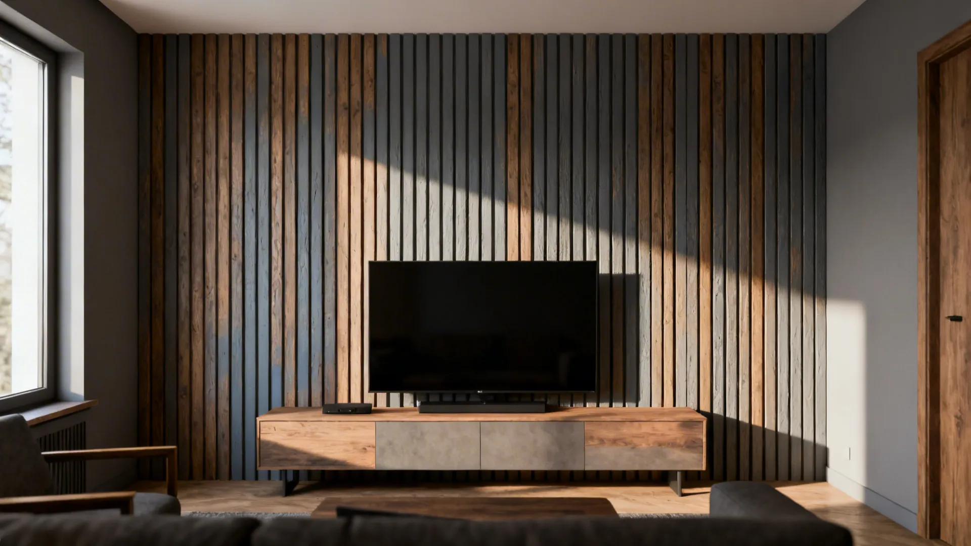 Textured vertical wood slat accent wall behind TV in a compact living room