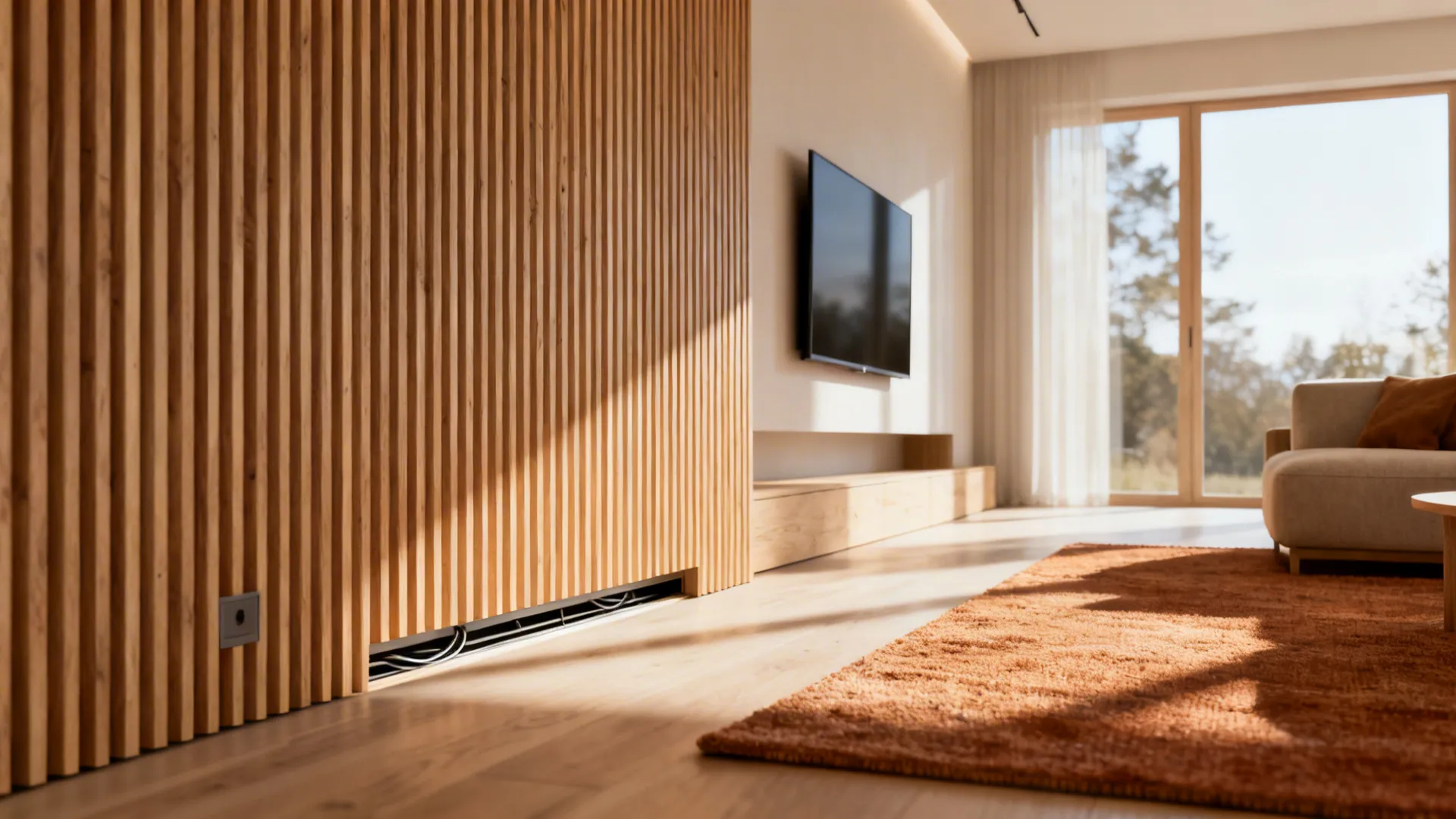 Light oak vertical wood slat feature wall with integrated TV and concealed cables in a compact living room.
