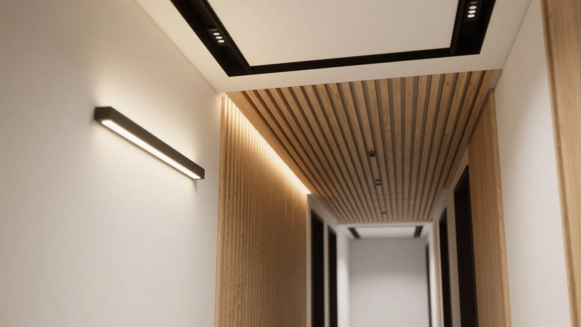 Sleek False Ceiling with Wood Slats and Linear Wash