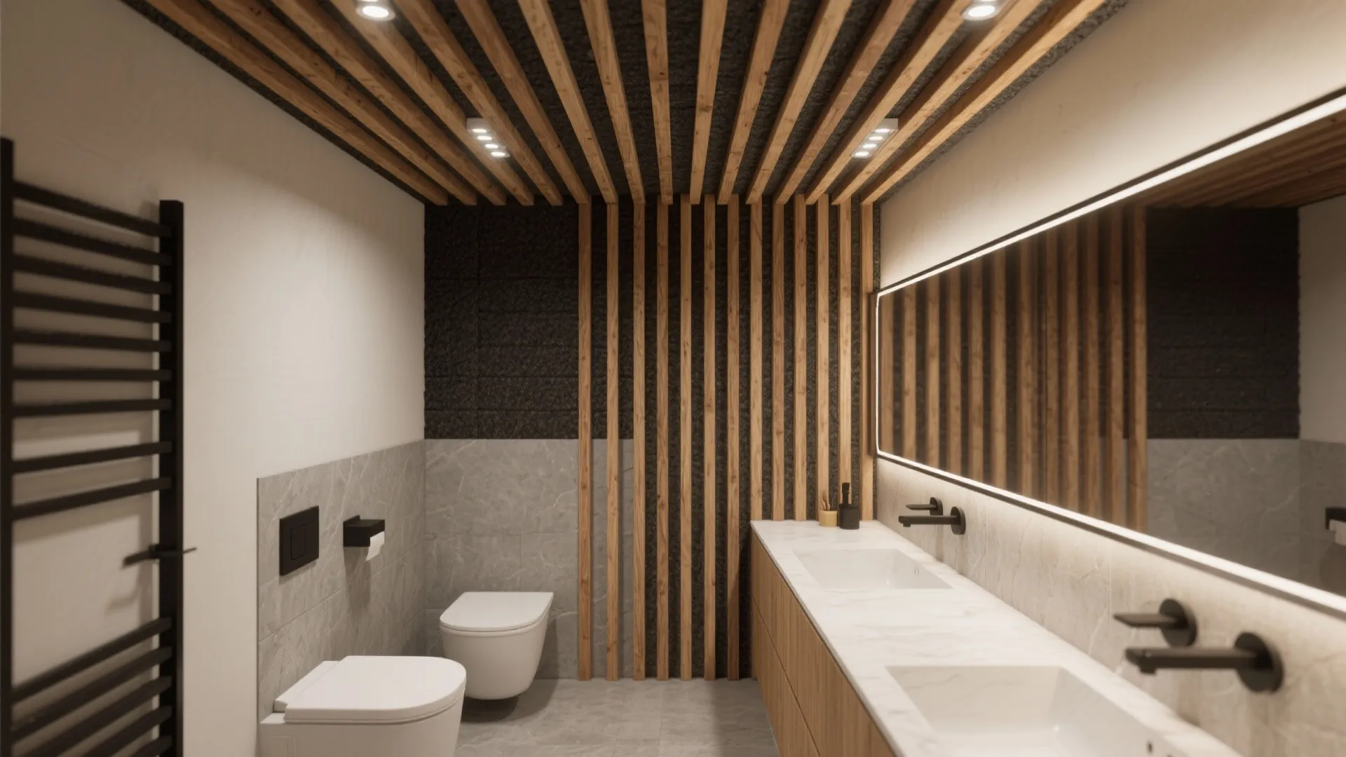 Modern bathroom with wood slat ceiling and walls plus white double sink vanity and mirrors