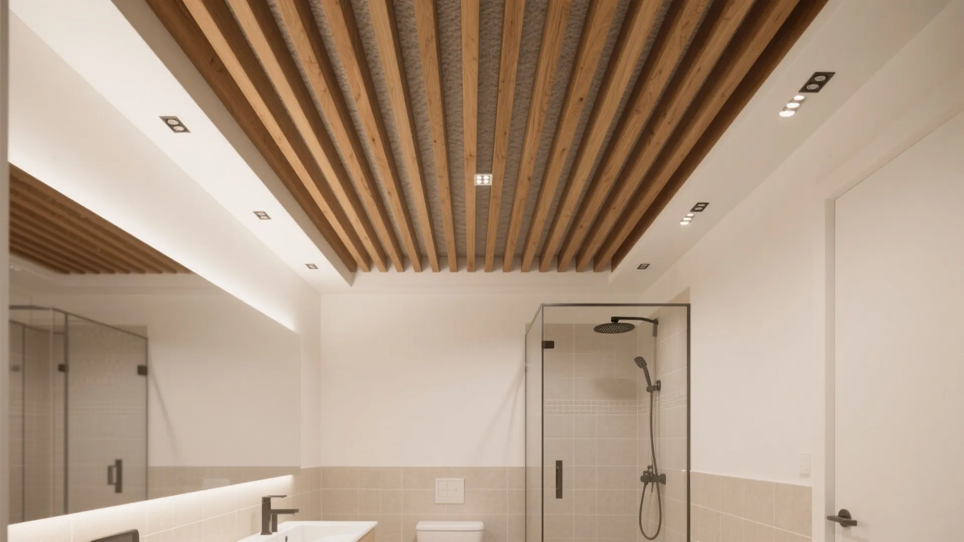 Modern bathroom featuring a wood slat ceiling design with glass shower toilet and large mirror