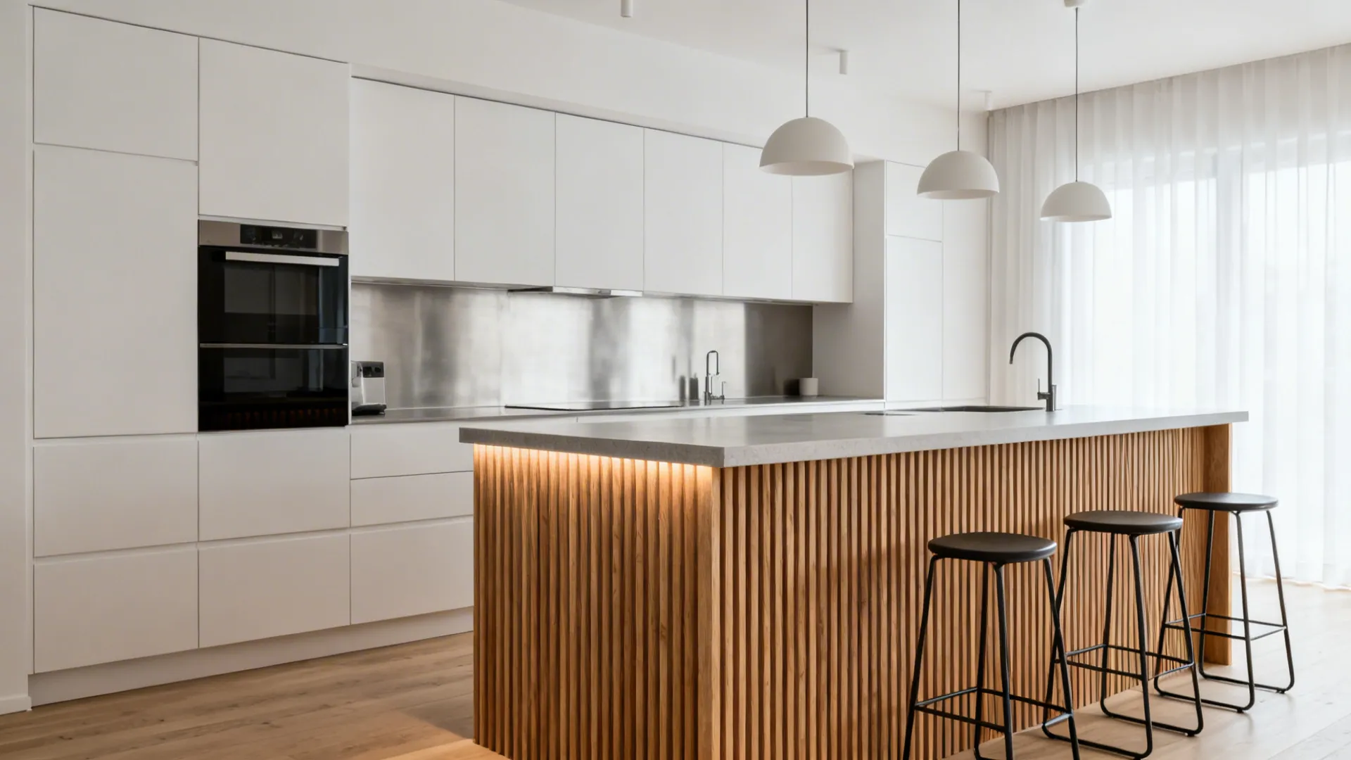 Scandinavian-style kitchen with an island clad in vertical oak slats that soften a white-and-steel palette.