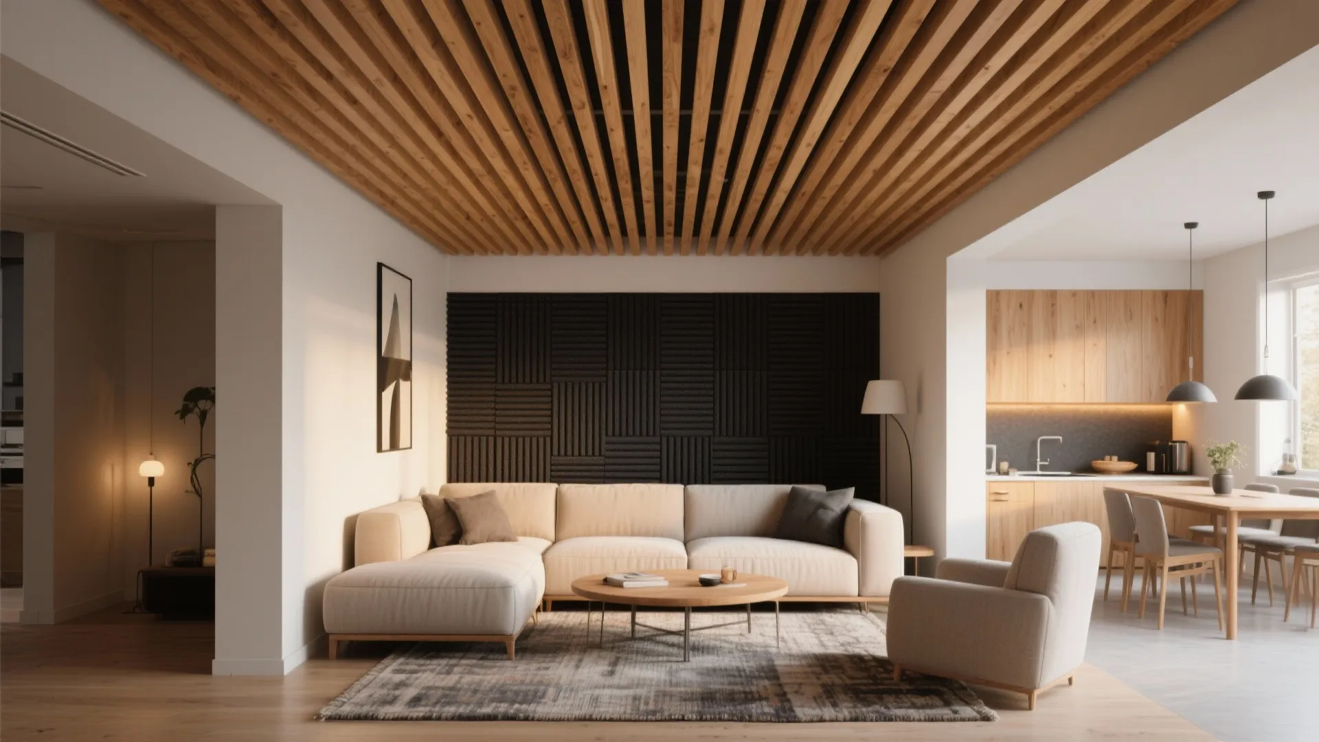 4) Warm Wood Slats for Texture, Acoustics, and Zoning
