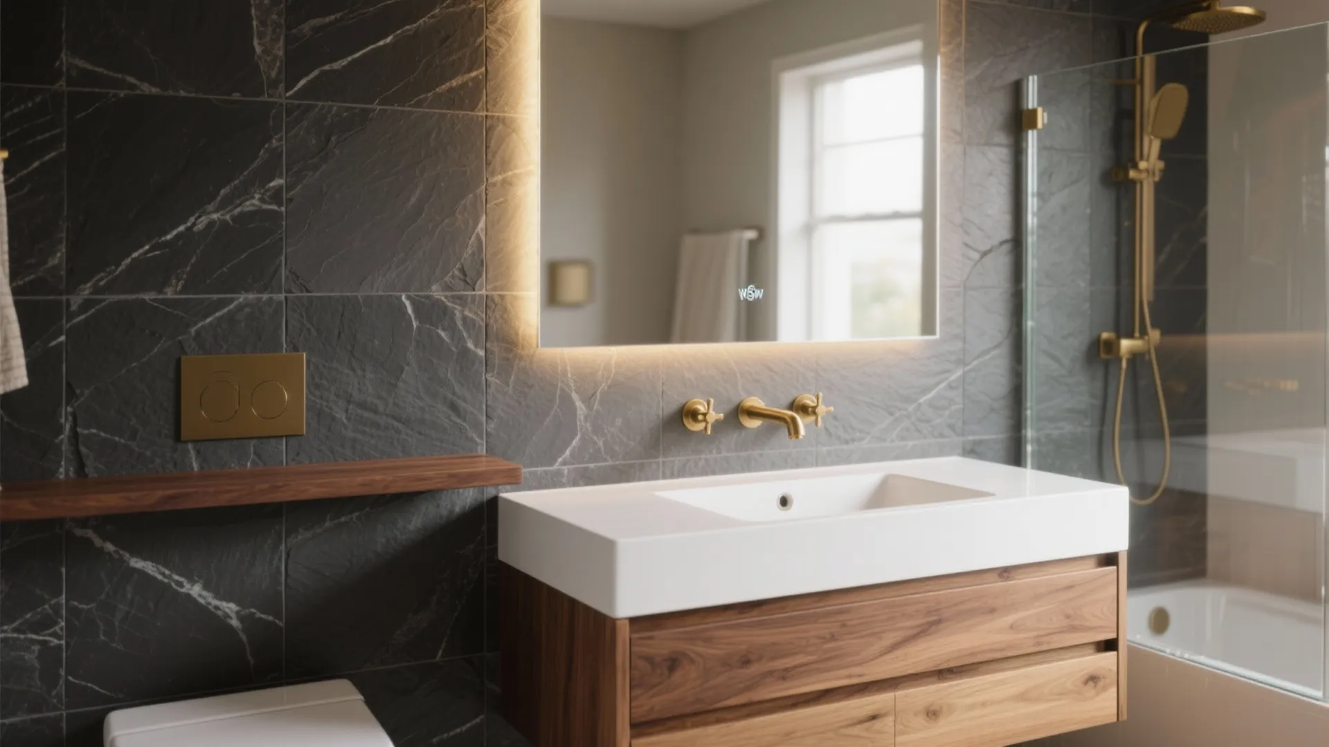 Warm wood with matte slate for balance