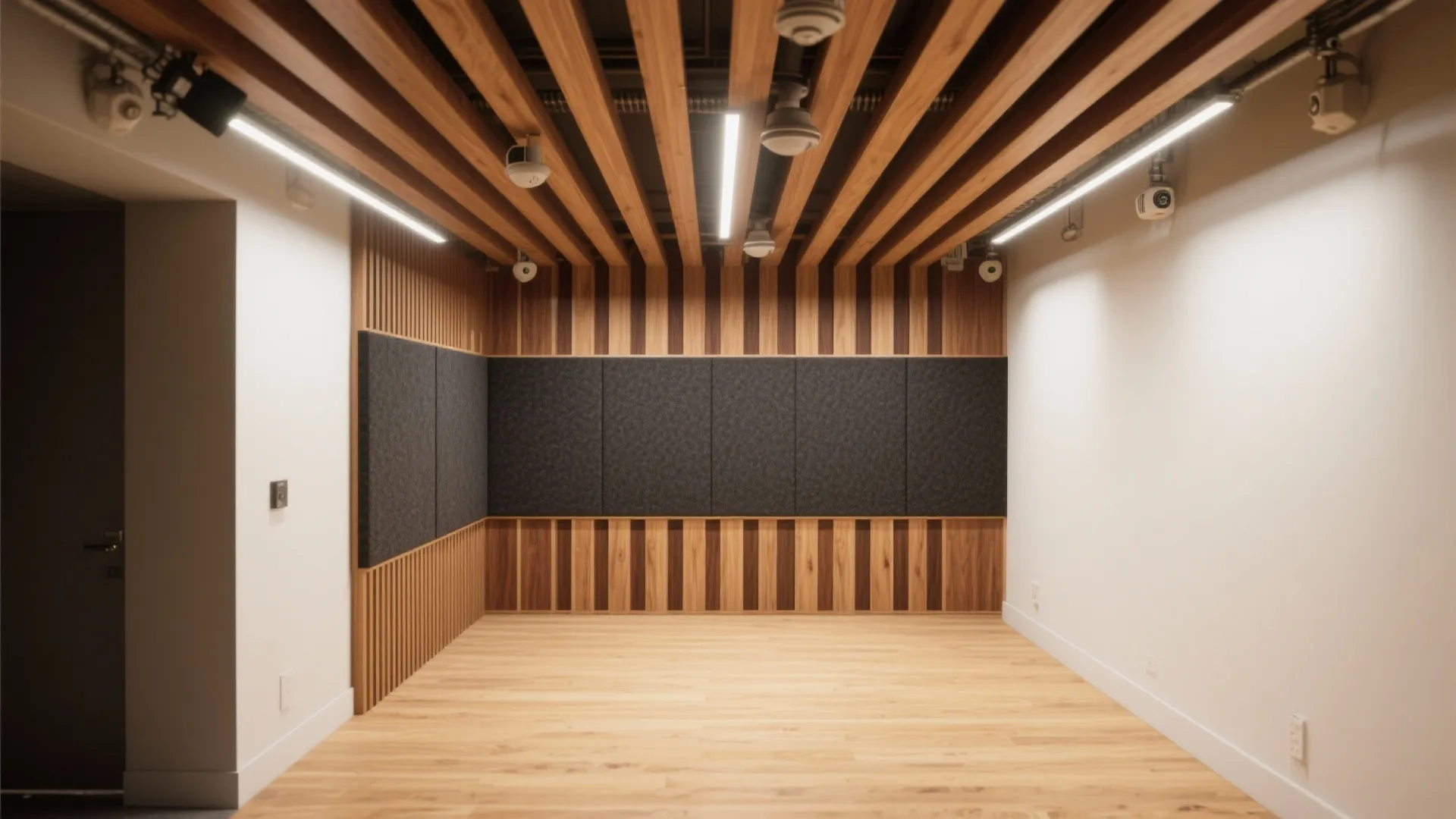 Modern empty room featuring wood slats on ceiling and walls with dark acoustic panel accents